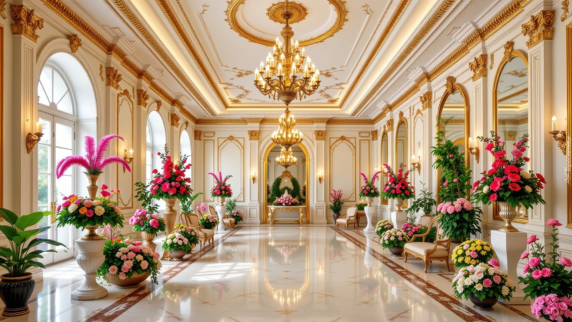 Wnętrze, Hol, Bukiety, Kolorowe, Kwiaty, Donice, Fotele, Żyrandole