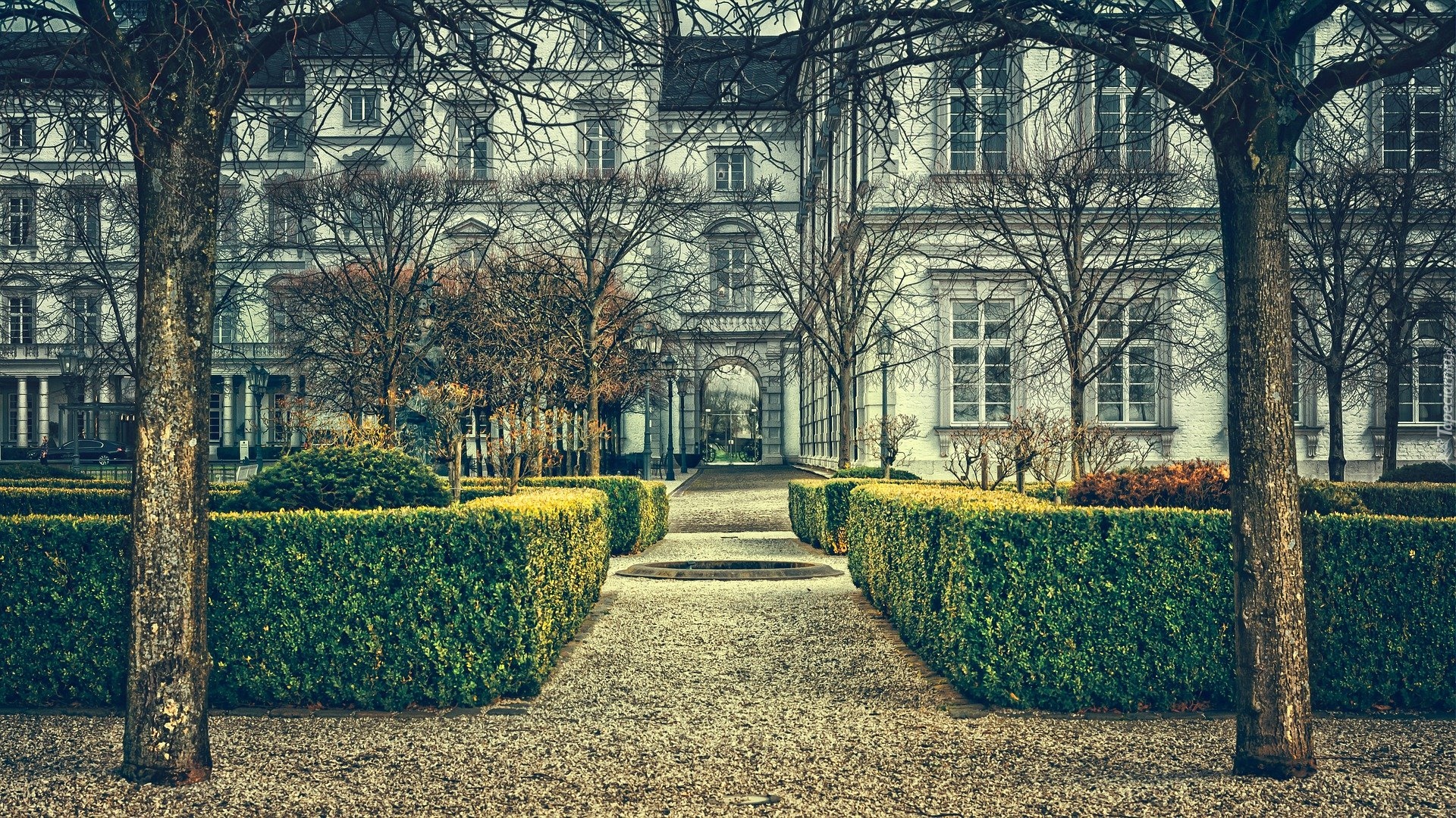 Hotel, Althoff Grandhotel Schloss Bensberg, Żywopłot, Drzewa, Nadrenia, Bergisch Gladbach, Niemcy