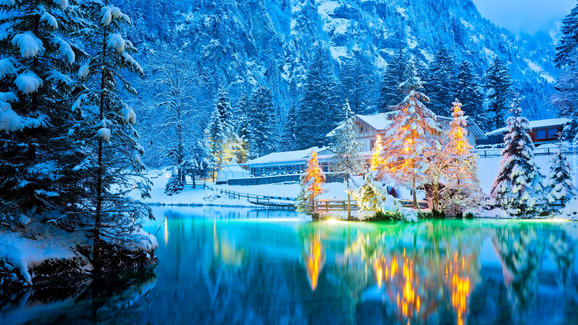 Zima, Śnieg, Dom, Drzewa, Góry, Jezioro Blausse, Odbicie, Szwajcaria