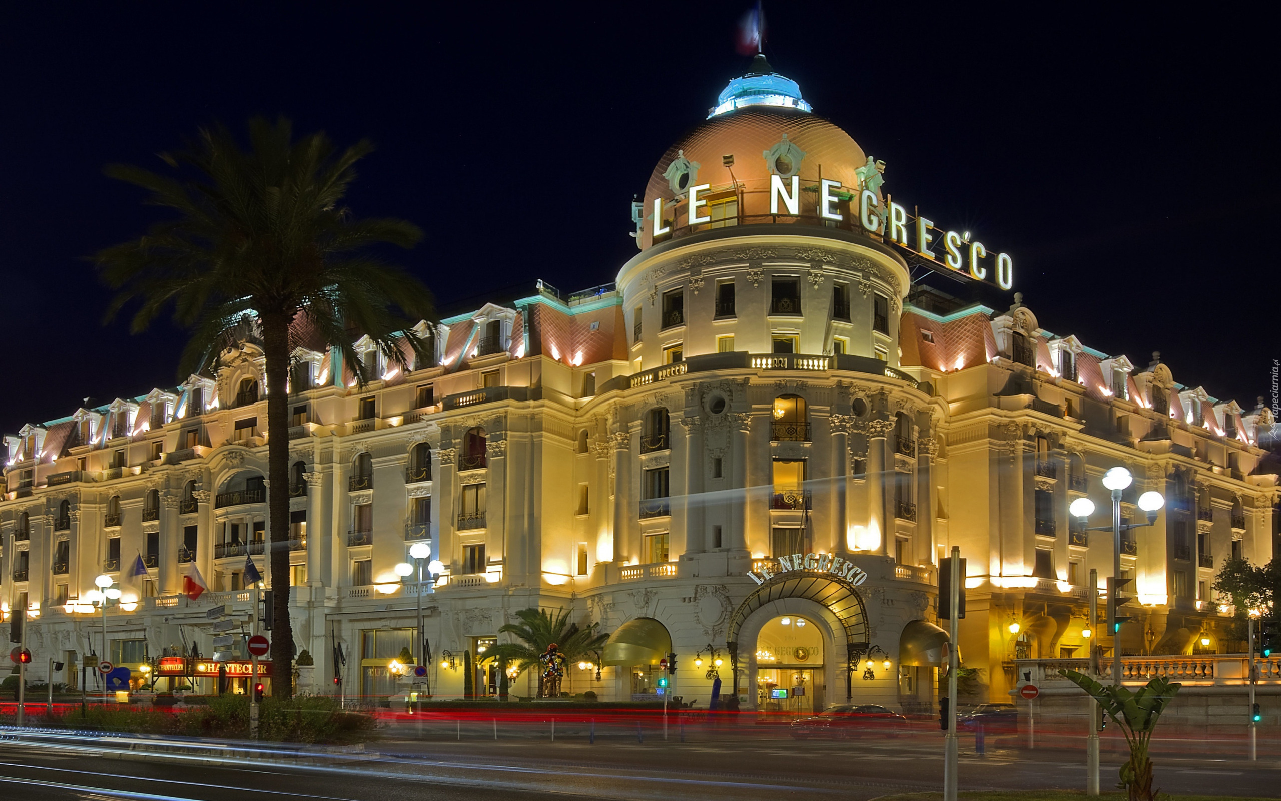Noc, Światła, Ulica, Hotel Negresco, Nicea, Francja