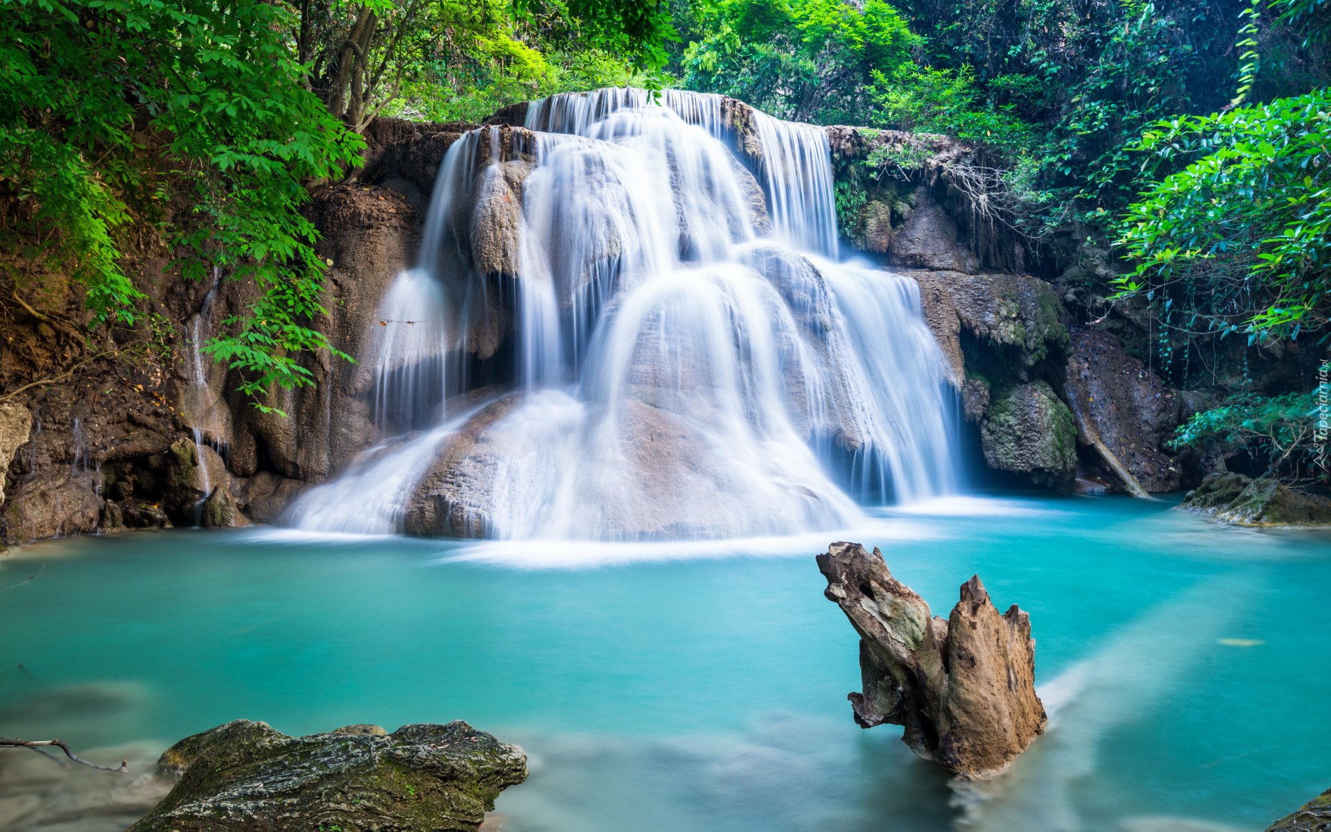 Wodospad, Huay Mae Khamin Waterfall, Skały, Kamienie, Rzeka, Mech, Las, Drzewa, Krzewy, Rośliny, Tajlandia