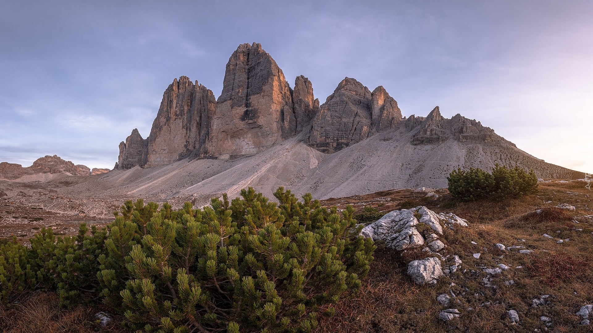 Góry, Dolomity, Szczyty, Tre Cime di Lavaredo, Skały, Iglaki, Roślinność, Włochy