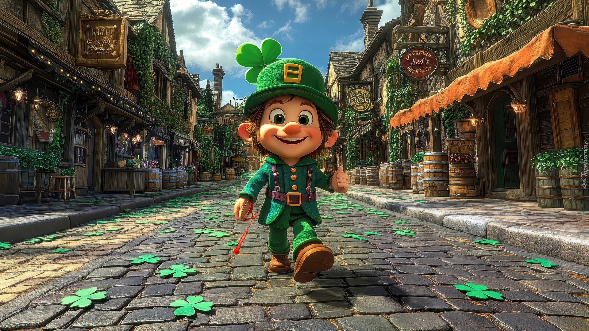 Grafika, Droga, Domy, Skrzat, Leprechaun, Czapka, Koniczyna, Listki