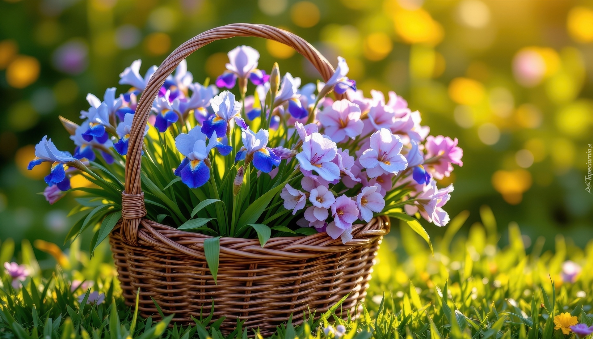 Kwiaty, Niebieskie, Irysy, Wiklinowy, Koszyk
