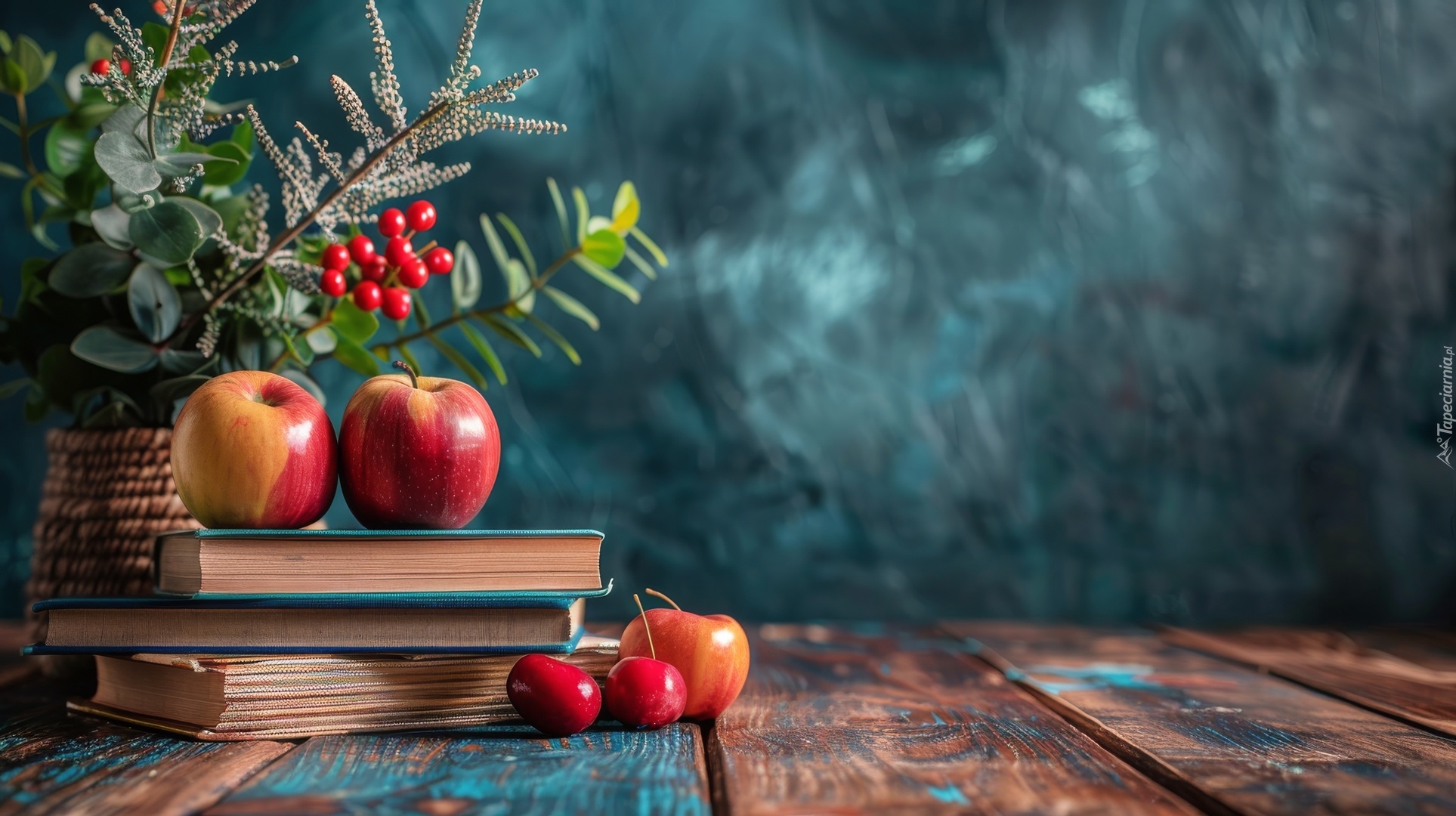 Książki, Jabłka, Wazon, Rośliny, Grafika AI