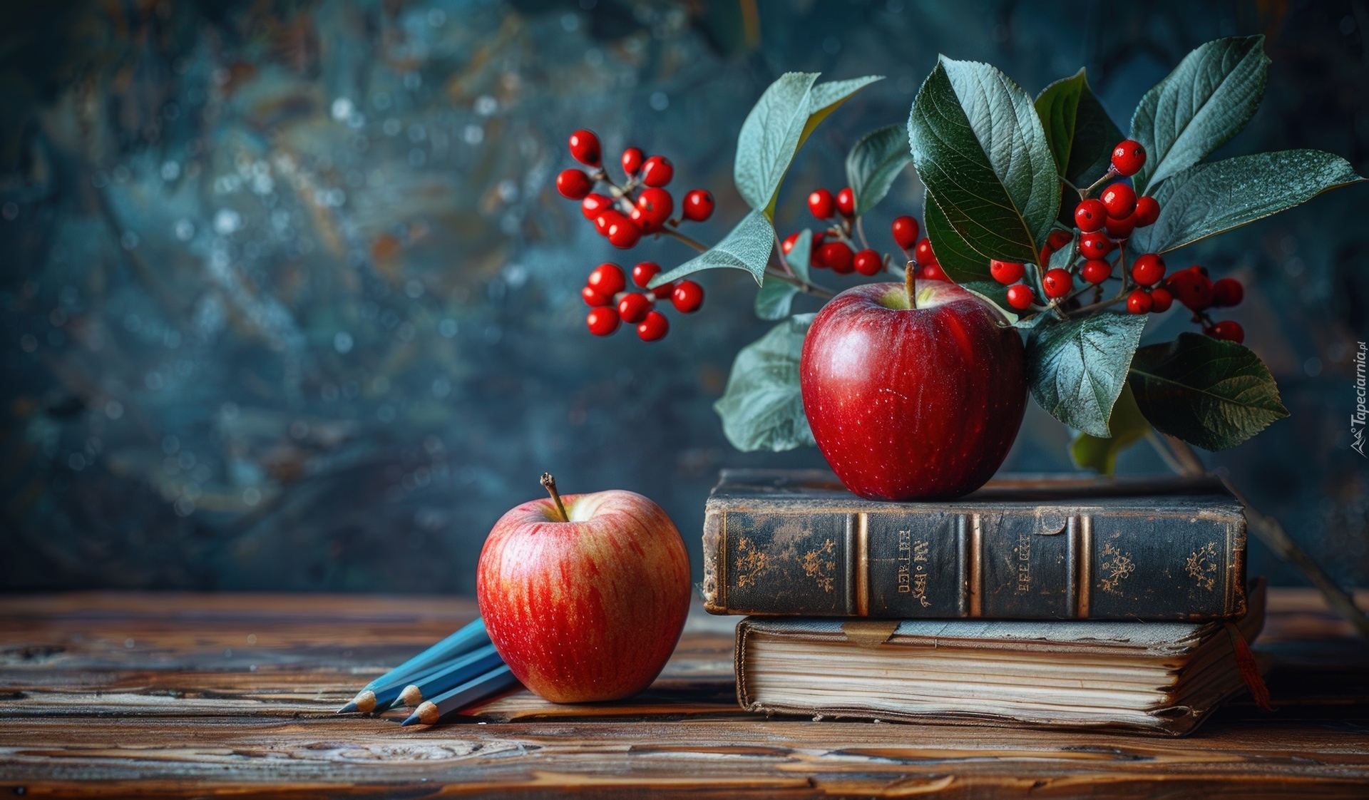 Książki, Jabłka, Gałązka, Owoce, Grafika AI
