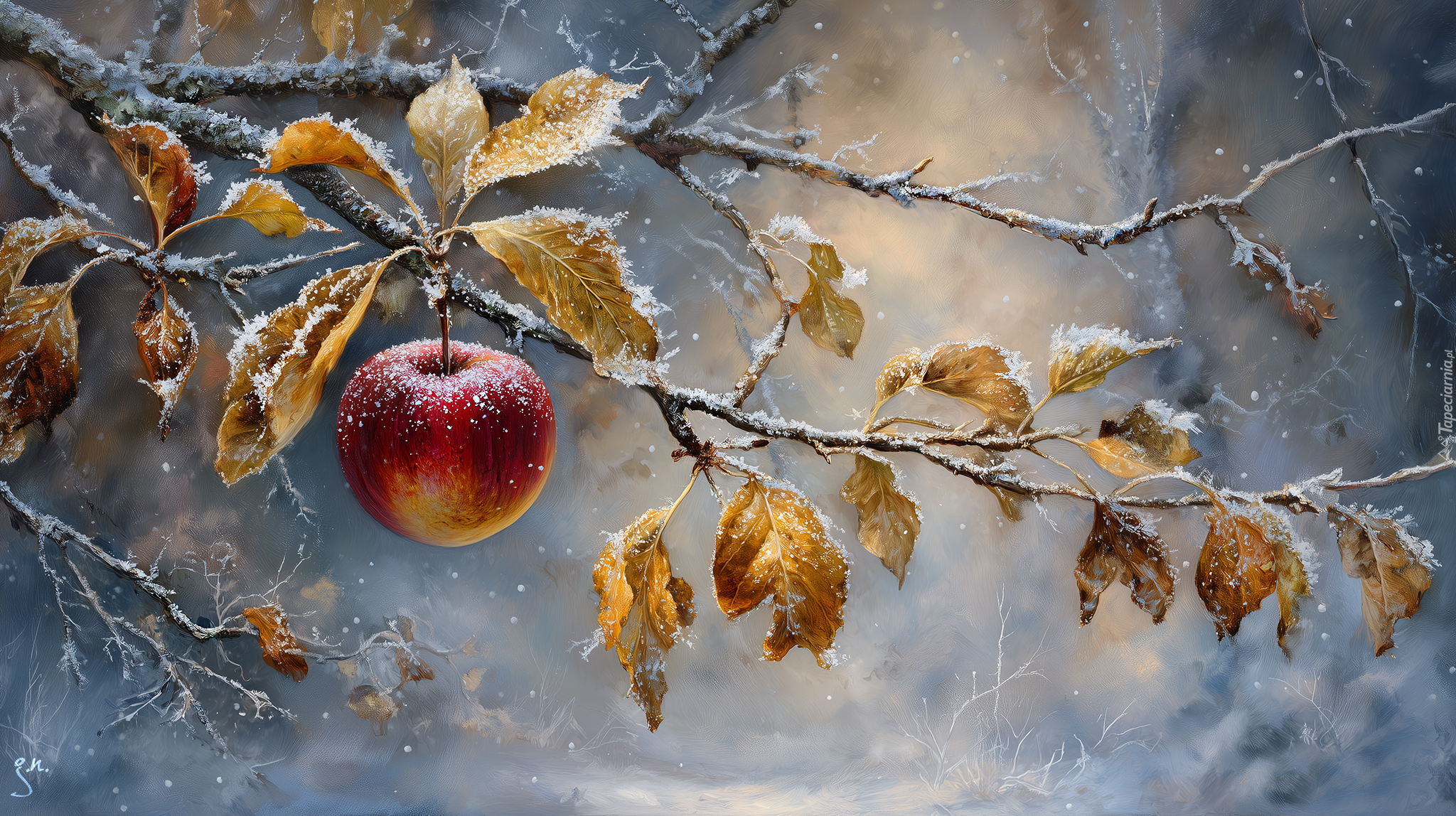 Jabłko, Gałązka, Ośnieżona, Suche, Liście, Grafika AI