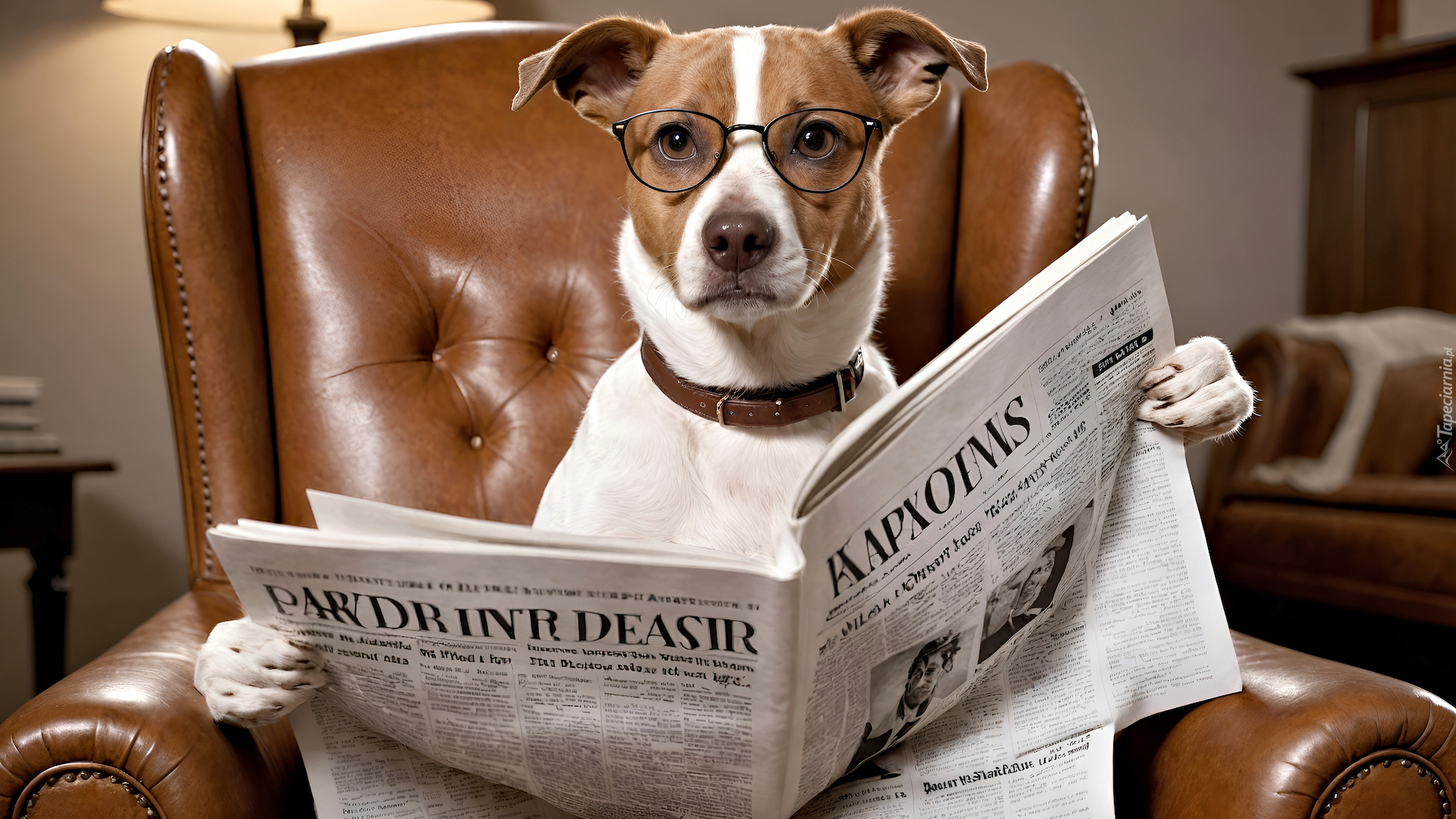 Grafika, Pies, Jack Russell terrier, Okulary, Gazeta, Fotel