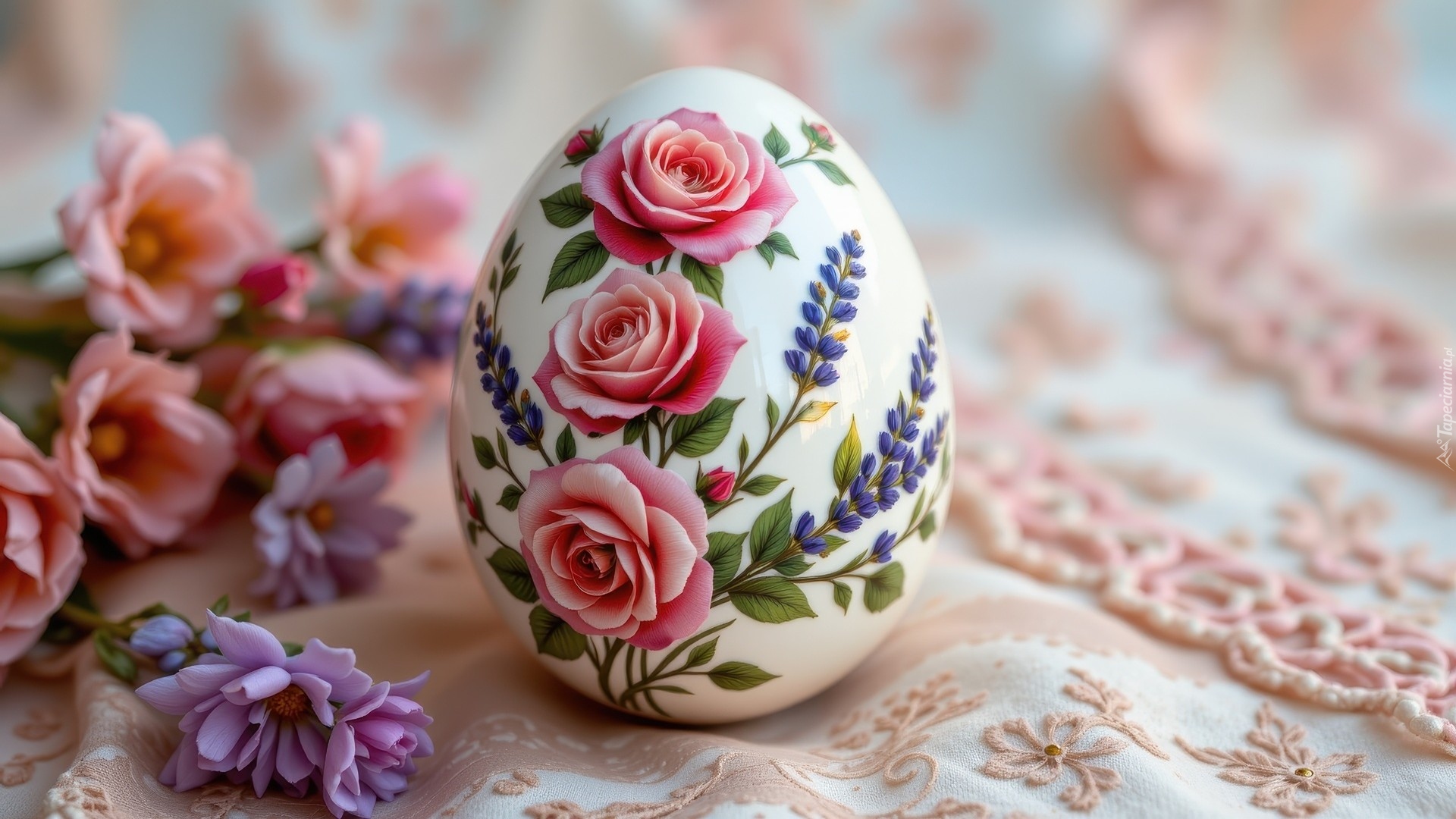 Wielkanoc, Pisanka, Jajko, Różowe, Róże, Fioletowe, Kwiaty, Serweta