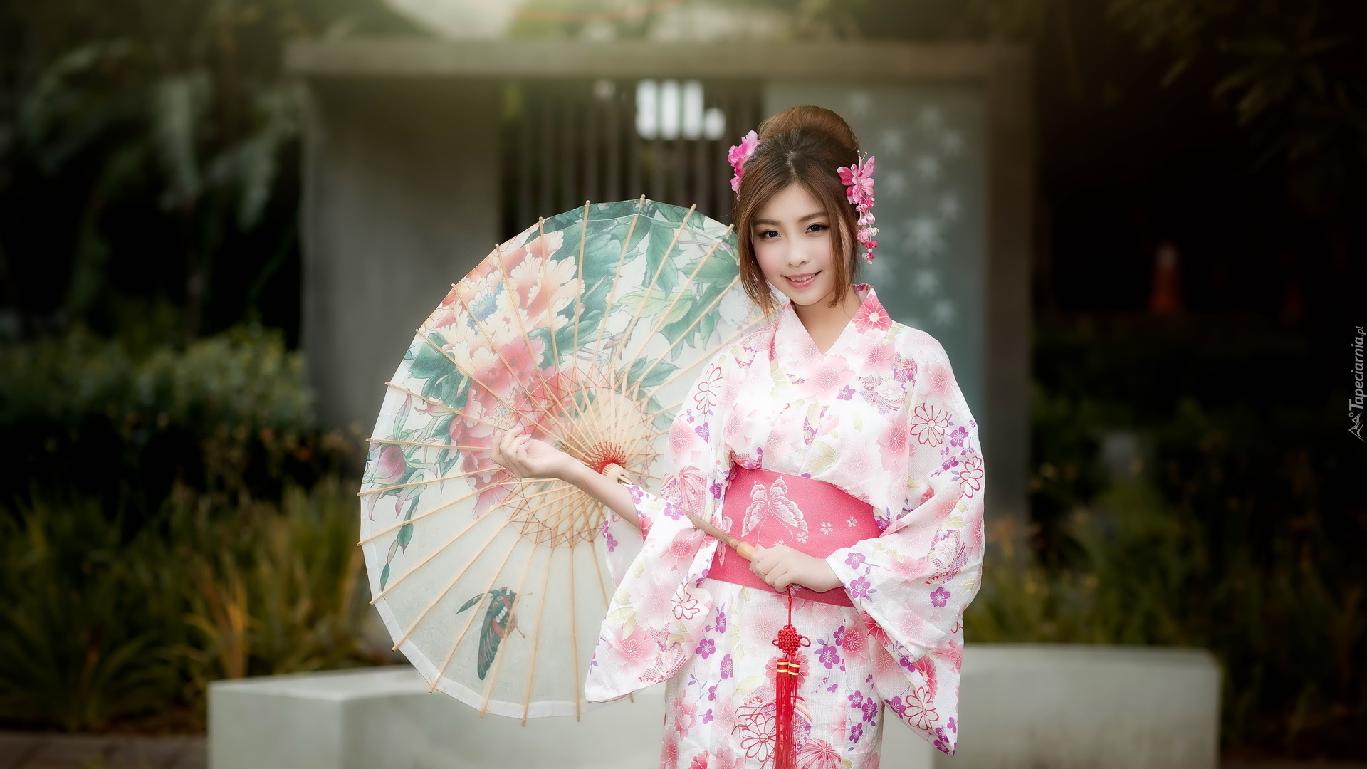 Kobieta, Japonka, Kimono, Parasolka