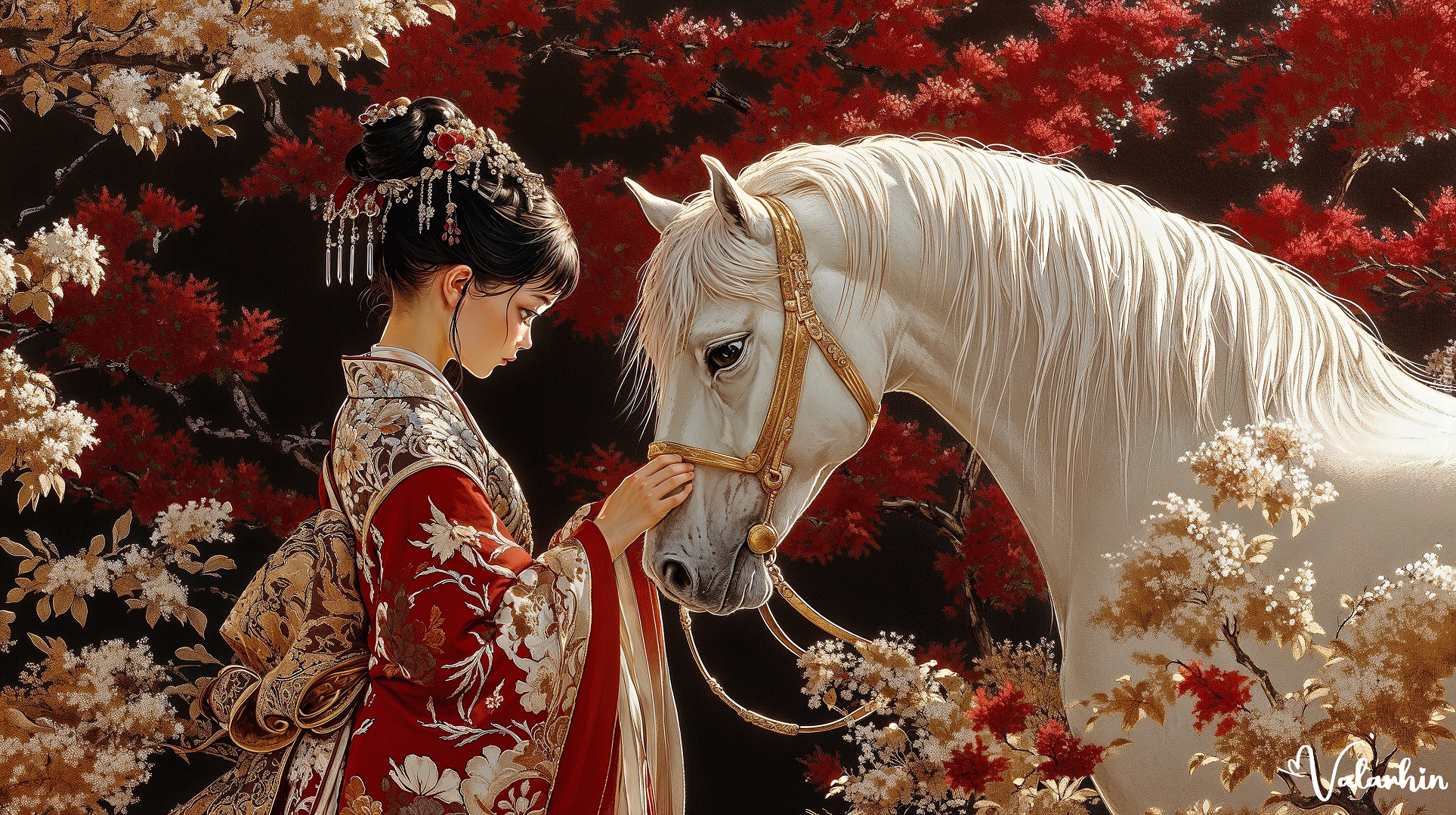 Japonka, Dziewczyna, Kimono, Biały, Koń