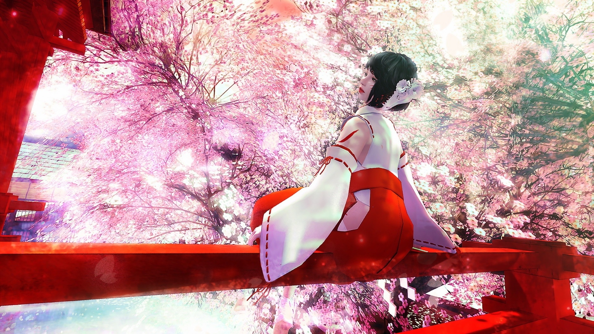 Kobieta, Japonka, Czerwone, Ogrodzenie, Kwitnące, Drzewa, Dom, Grafika