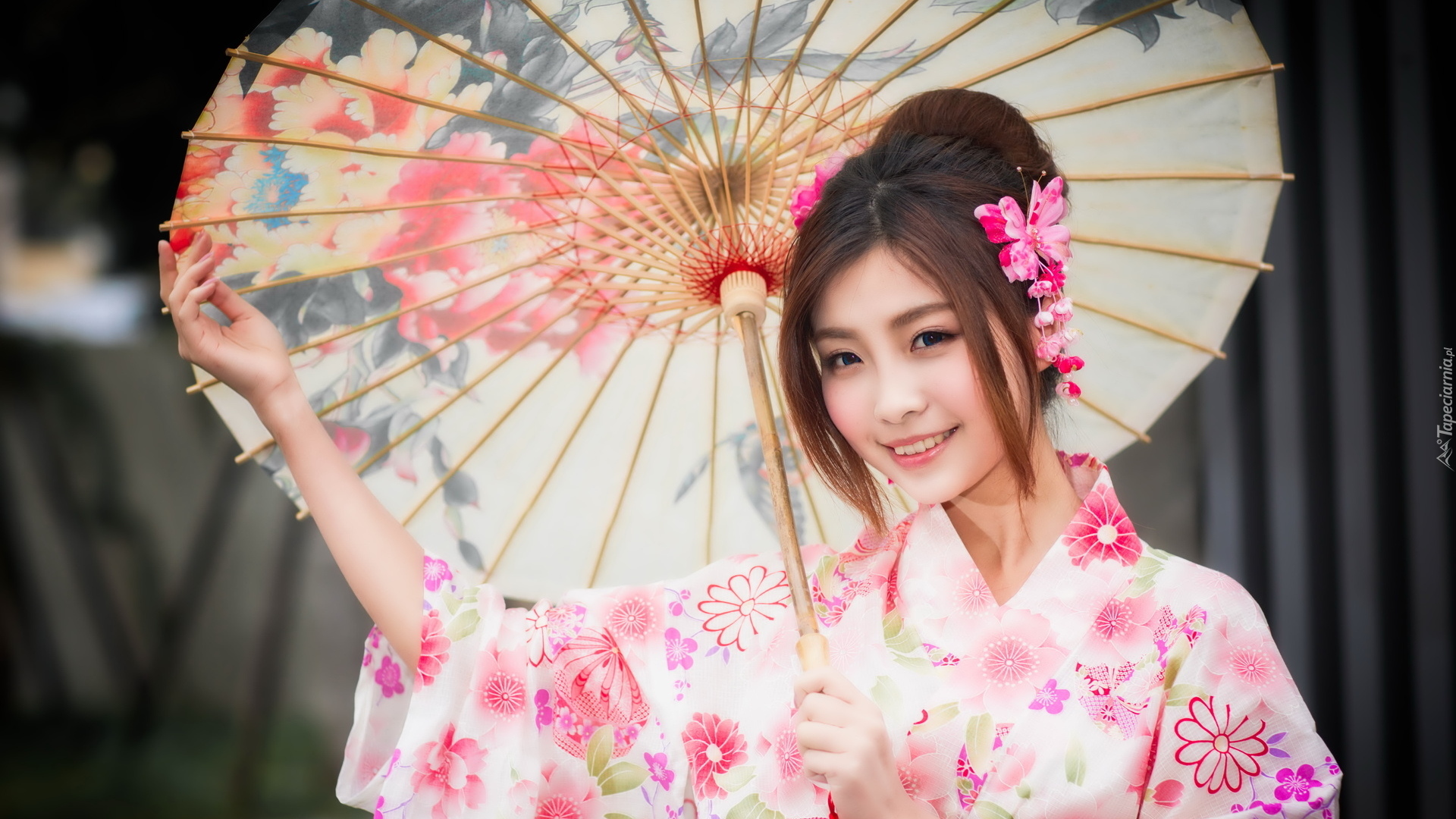 Kobieta, Japonka, Kimono, Parasolka, Uśmiech