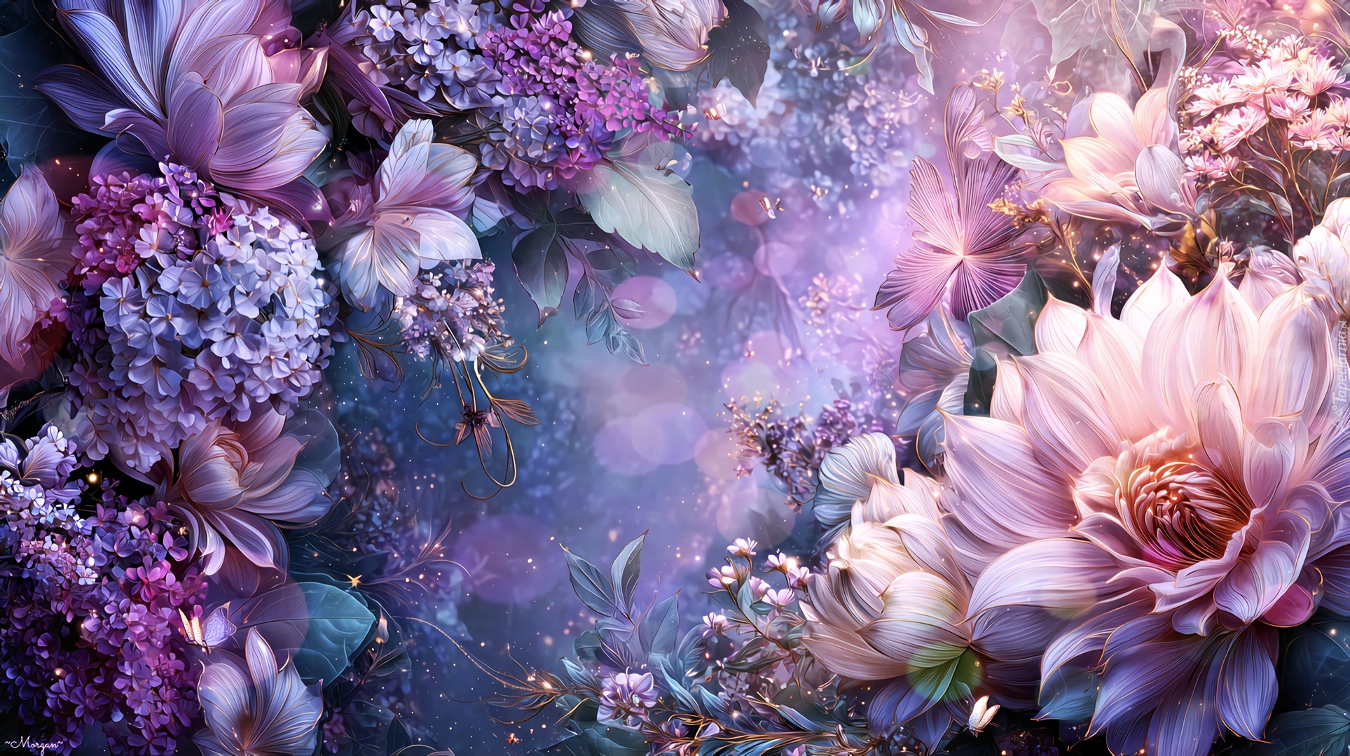 Jasnoróżowe, Fioletowe, Kwiaty, Grafika AI