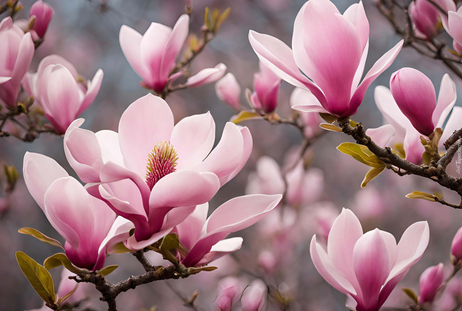 Gałązki, Jasnoróżowe, Kwiaty, Listki, Magnolia