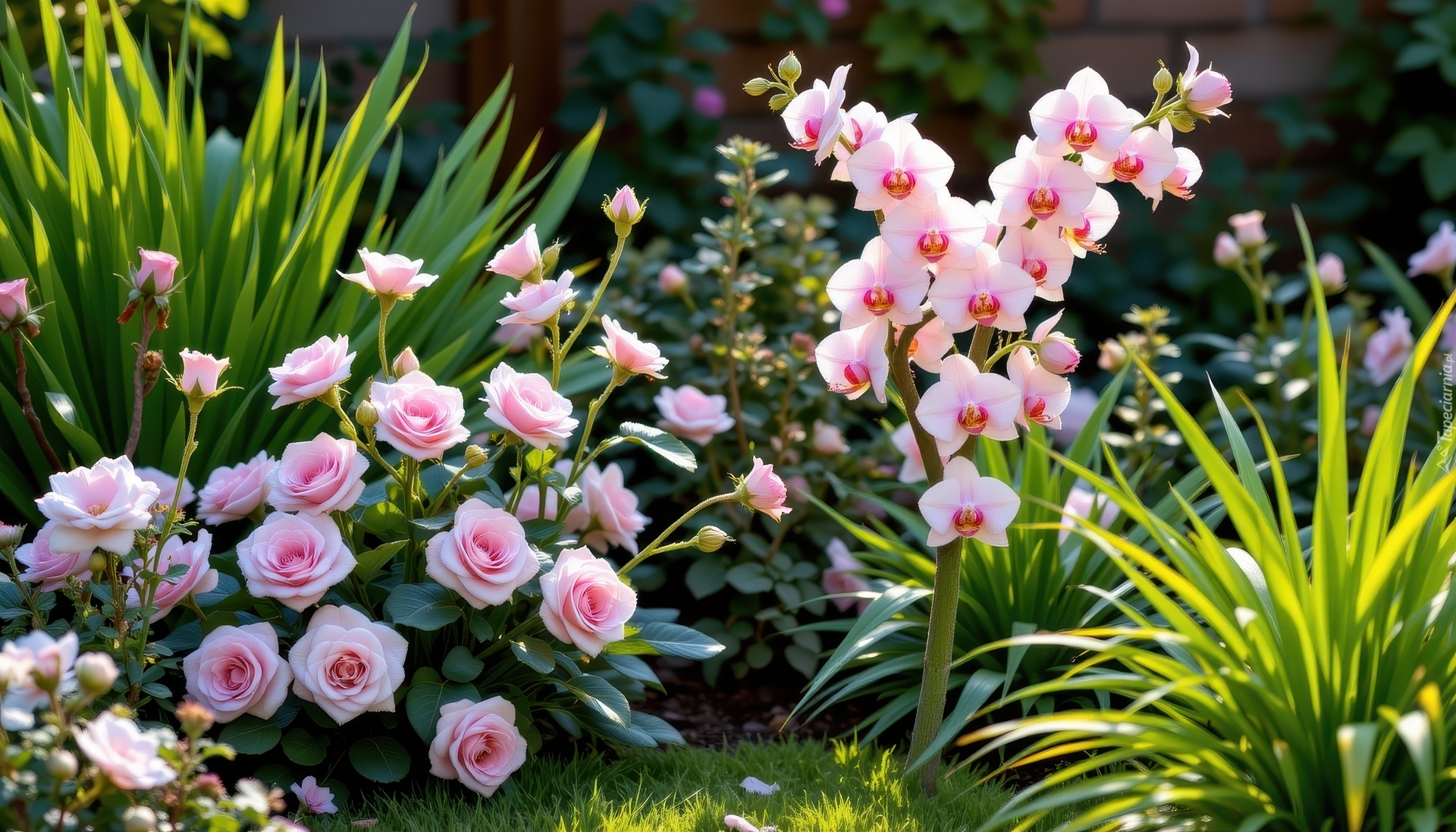 Ogród, Kwiaty, Róże, Storczyki