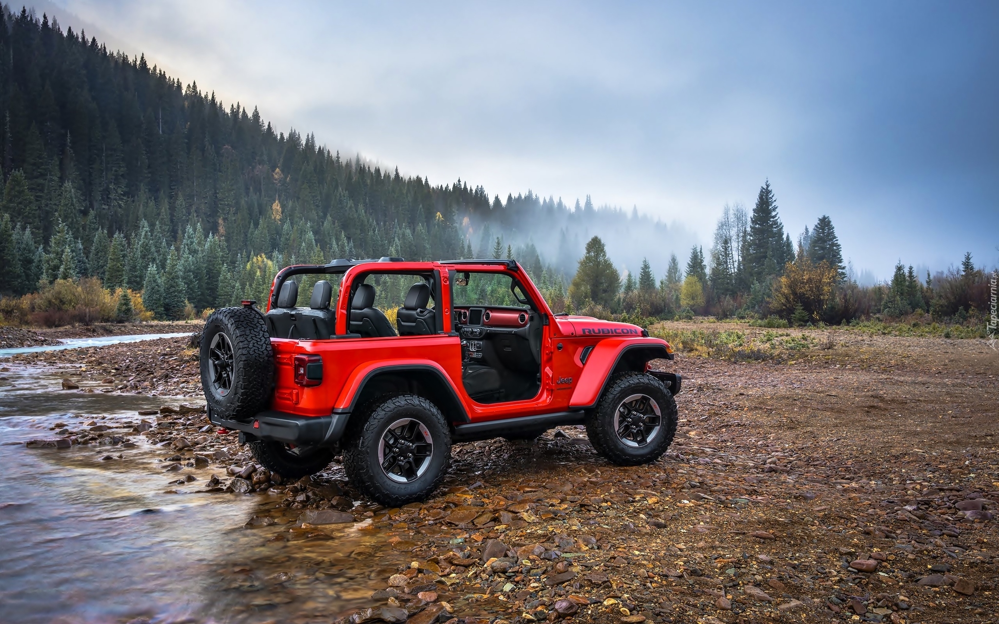 Jeep Wrangler Rubicon, 2018, Rzeka, Las, Mgła