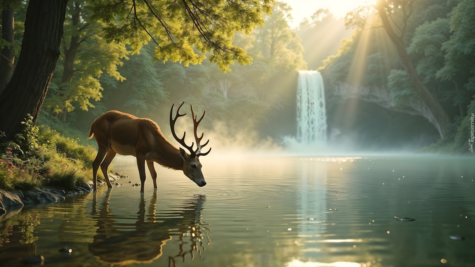 Jeleń, Jezioro, Wodospad, Drzewo, Słoneczny blask