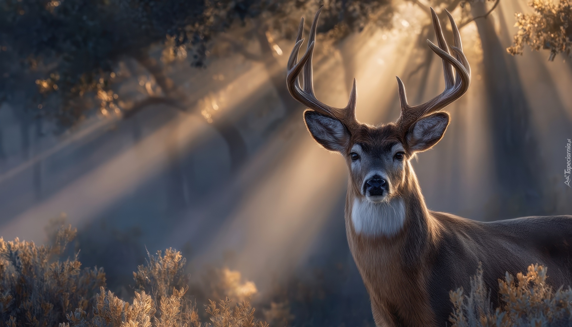 Jeleń, Las, Przebijające światło, Grafika AI