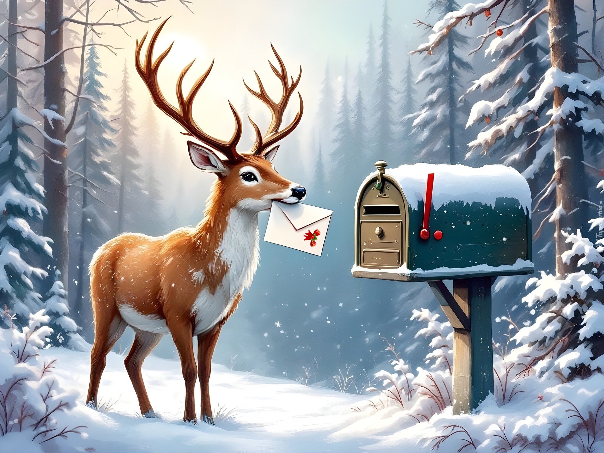 Zima, Jeleń, List, Skrzynka pocztowa, Las
