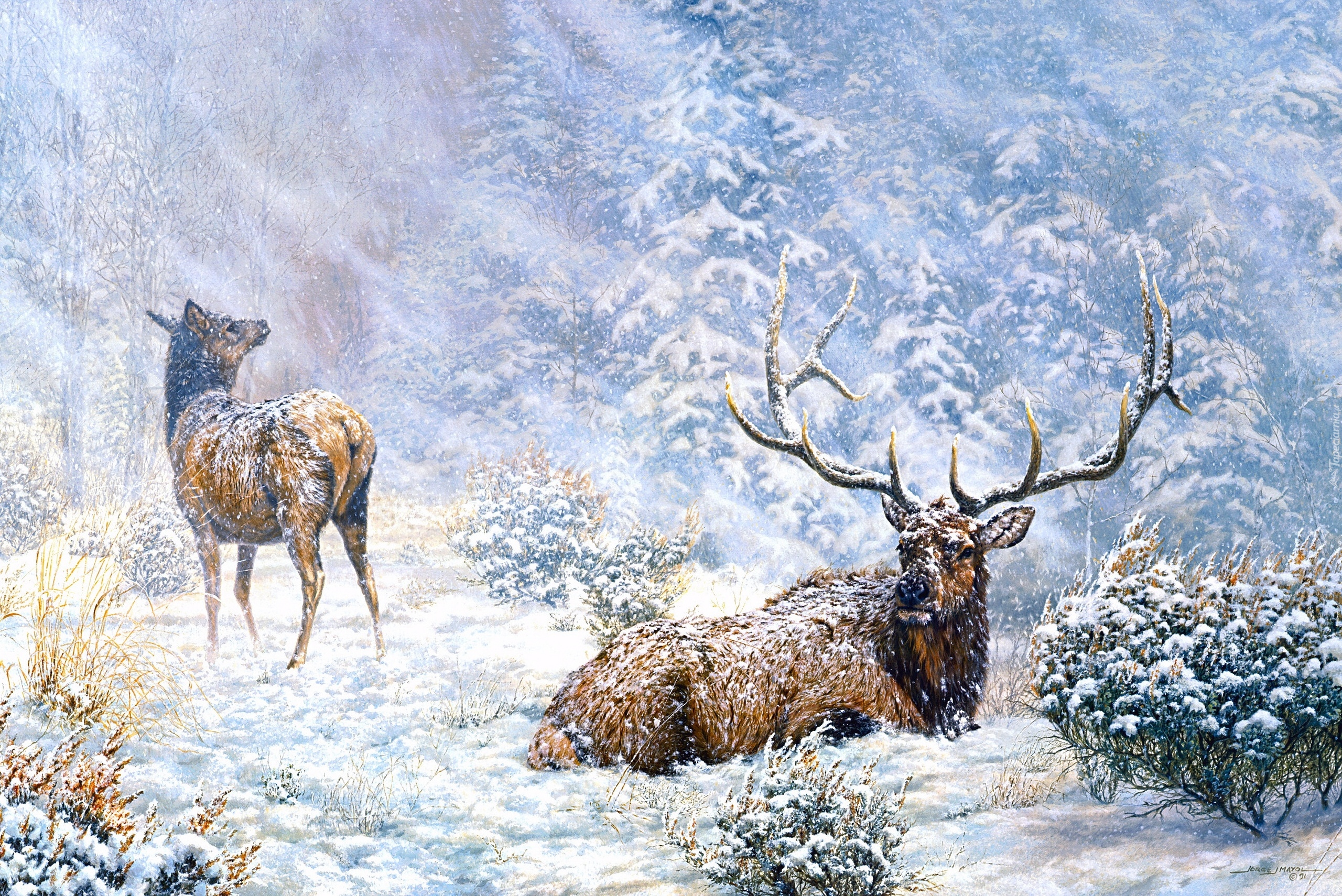 Malarstwo, Obraz, Jorge Mayol, Las, Drzewa, Śnieg, Zima, Jelenie