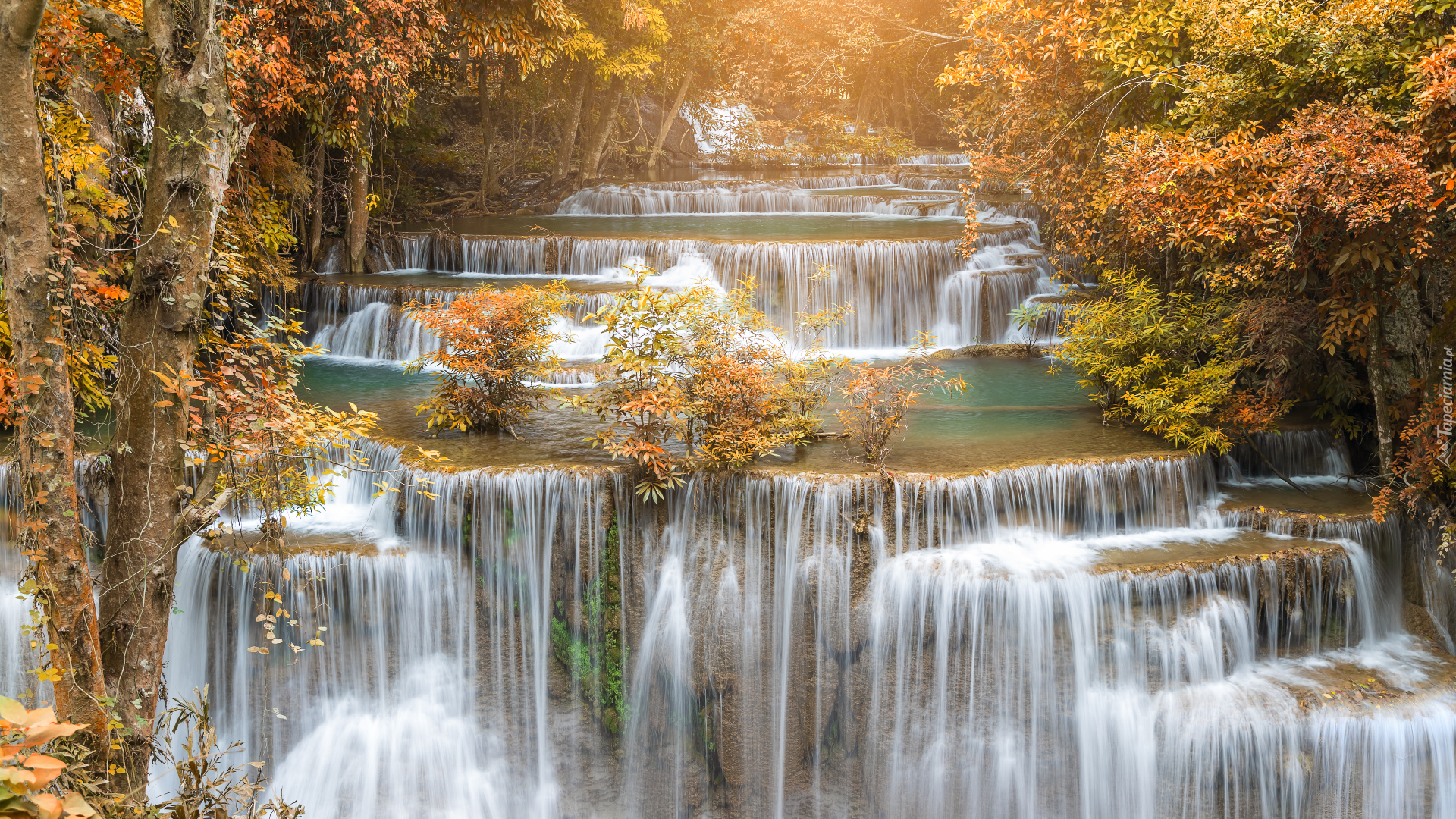 Jesień, Drzewa, Wodospad, Huay Mae Khamin Waterfalls, Park Narodowy Khuean Srinagarindra, Prowincja, Kanchanaburi, Tajlandia