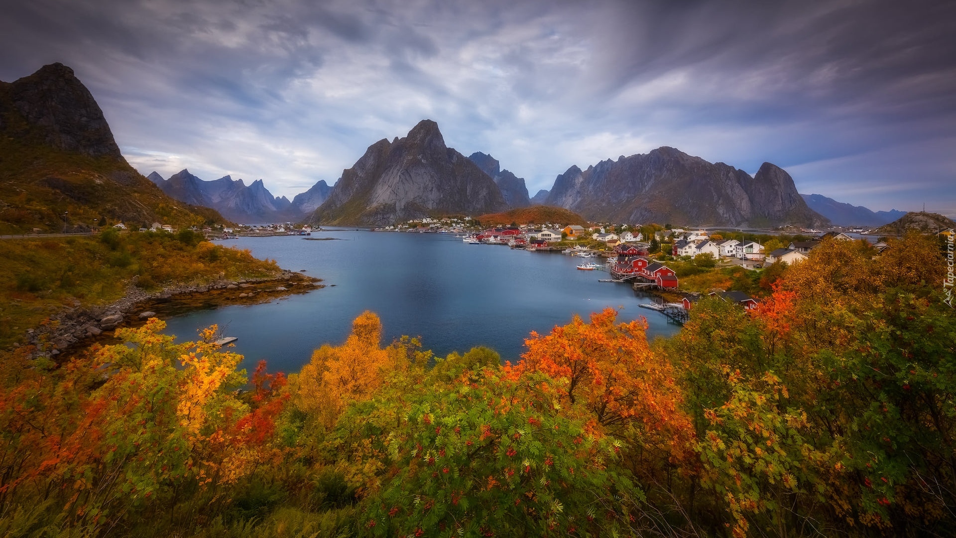 Norwegia, Morze, Góry, Wyspy, Lofoty, Jesień, Drzewa, Domy