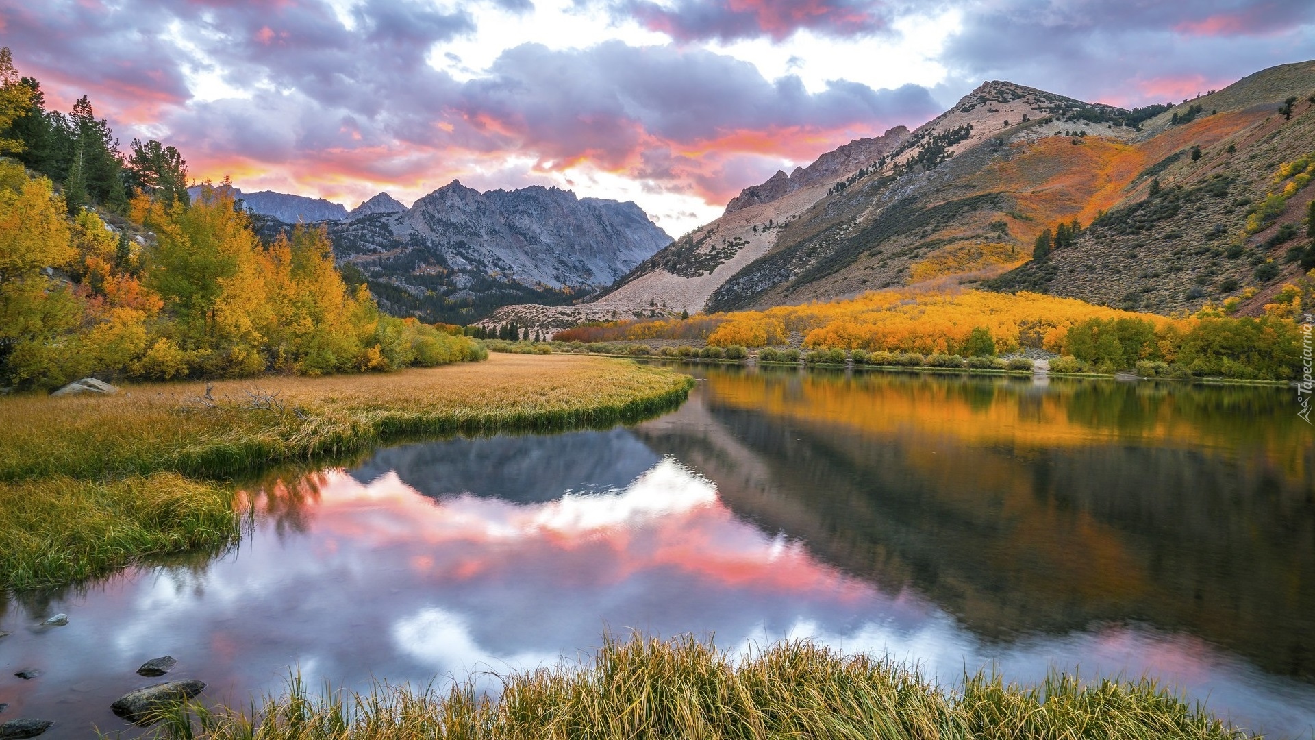 Eastern Sierra, Góry, Drzewa, Wschód słońca, Chmury, Jezioro, North Lake, Kalifornia, Stany Zjednoczone