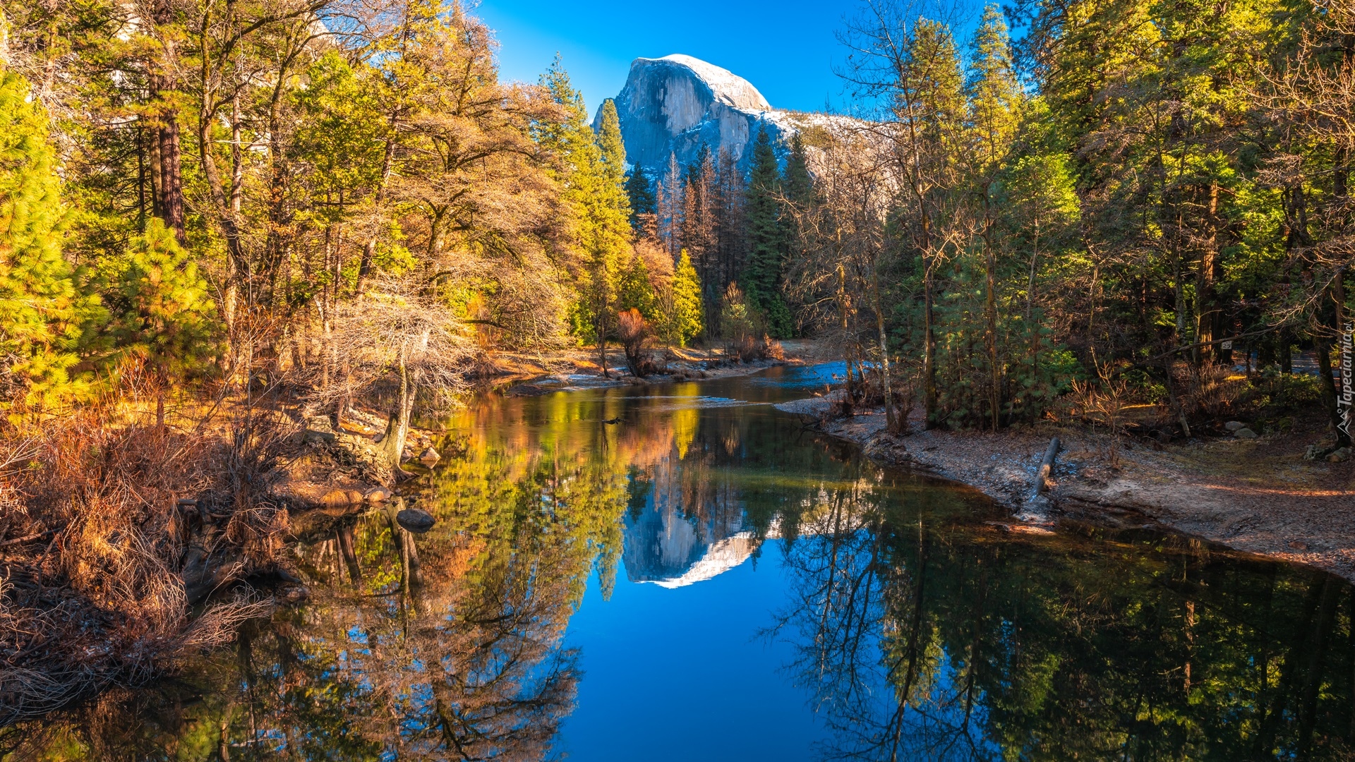 Stany Zjednoczone, Stan Kalifornia, Park Narodowy Yosemite, Jesień, Góry, Rzeka Merced, Drzewa
