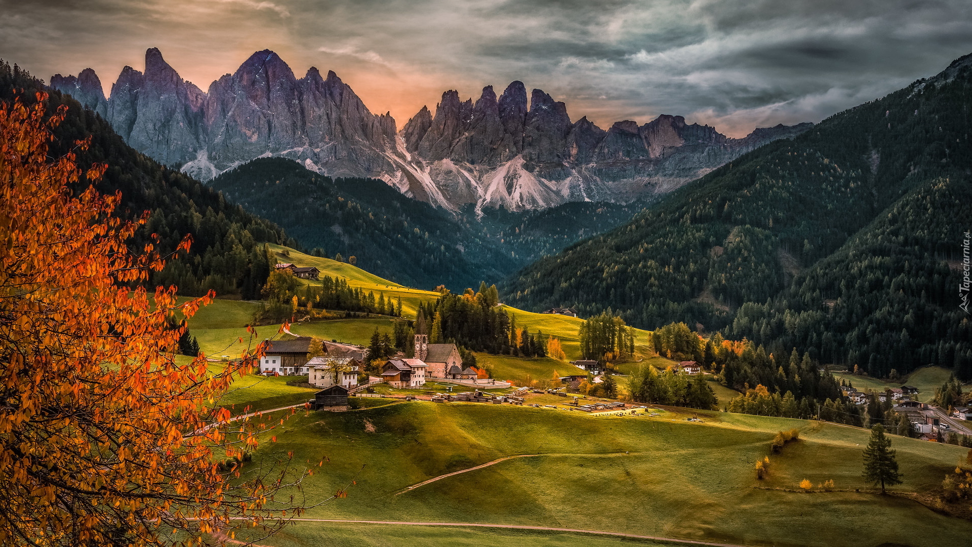 Góry, Dolomity, Wieś, Santa Maddalena, Dolina Val di Funes, Drzewa, Lasy, Jesień, Domy, Droga, Włochy