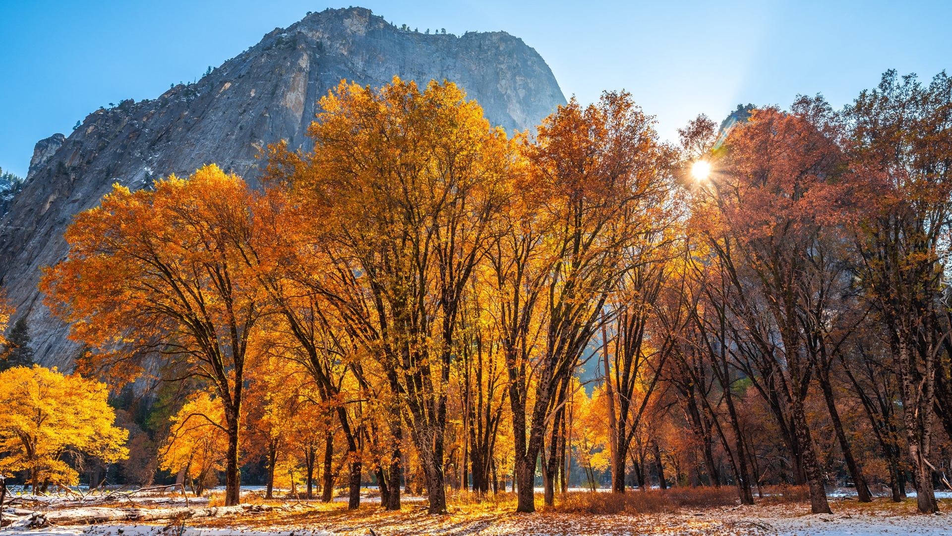 Jesień, Park Narodowy Yosemite, Góry, Drzewa, Promienie słońca, Stan Kalifornia, Stany Zjednoczone
