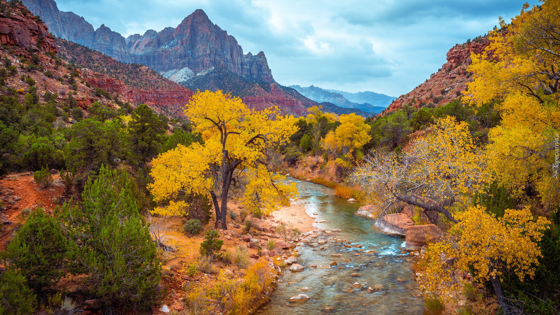 Jesień, Góry, Góra Watchman, Rzeka, Virgin River, Kamienie, Drzewa, Park Narodowy Zion, Utah, Stany Zjednoczone