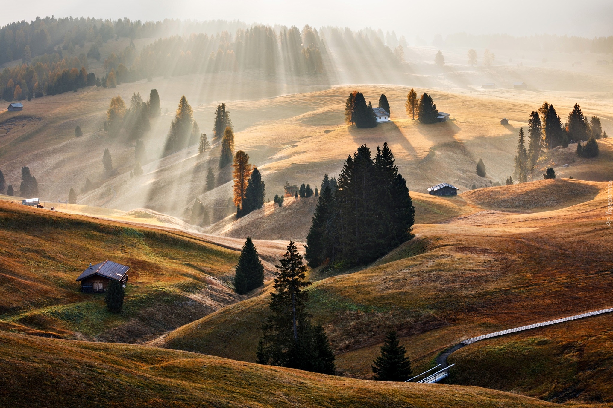 Włochy, Dolomity, Dolina, Świt, Promienie słońca, Domy, Drzewa