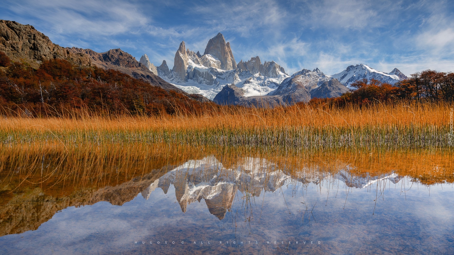Argentyna, Patagonia, Park Narodowy Los Glaciares, Góra, Fitz Roy, Jezioro, Drzewa, Szuwary, Jesień