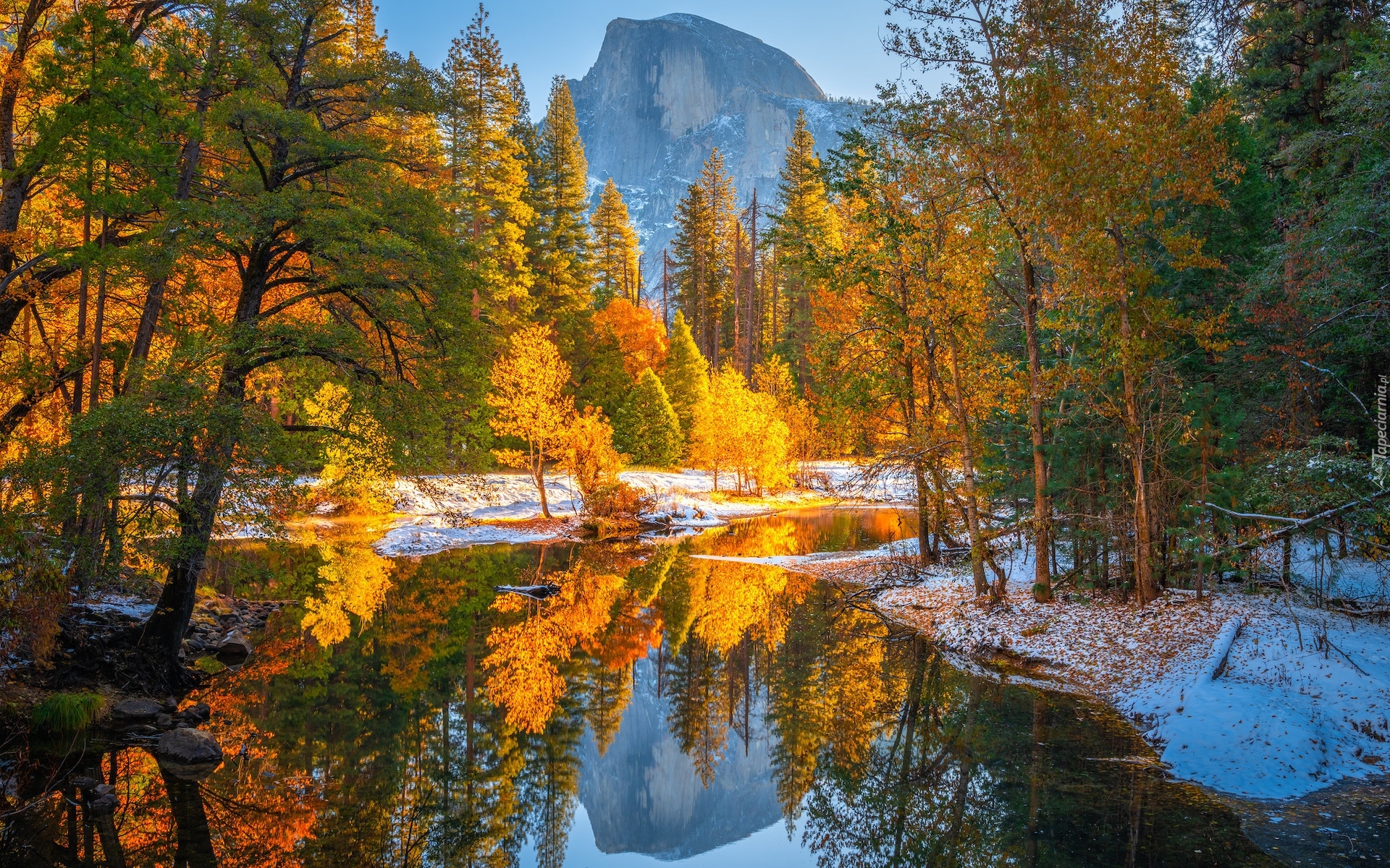 Park Narodowy Yosemite, Góra, Half Dome, Rzeka, Merced River, Jesień, Drzewa, Śnieg, Stany Zjednoczone, Kalifornia