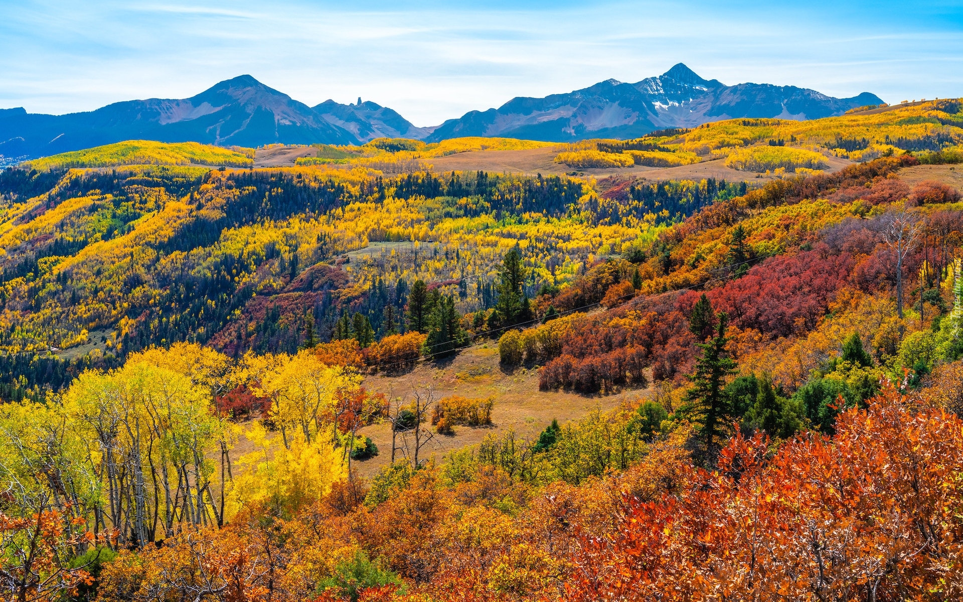 Stany Zjednoczone, Kolorado, Telluride, Góry, San Juan Mountains, Góra, Wilson Peak, Las, Jesień, Góry, Drzewa