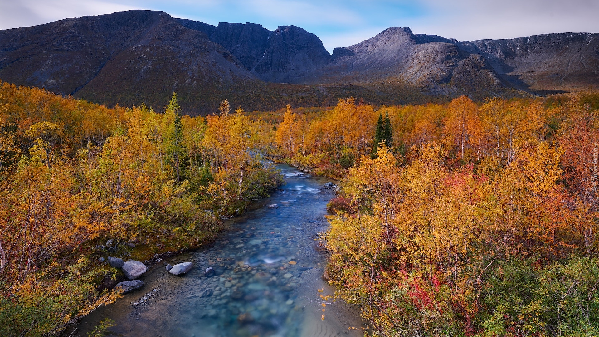 Rzeka, Jesień, Góry, Drzewa