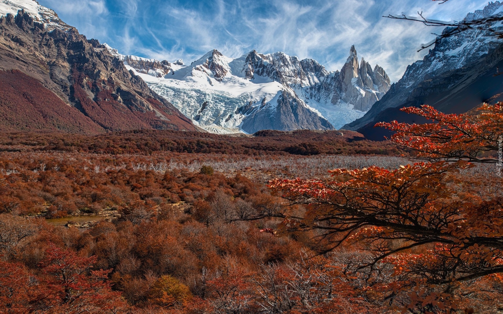 Argentyna, Patagonia, Góry, Andy, Fitz Roy, Jesień, Drzewa, Krzewy