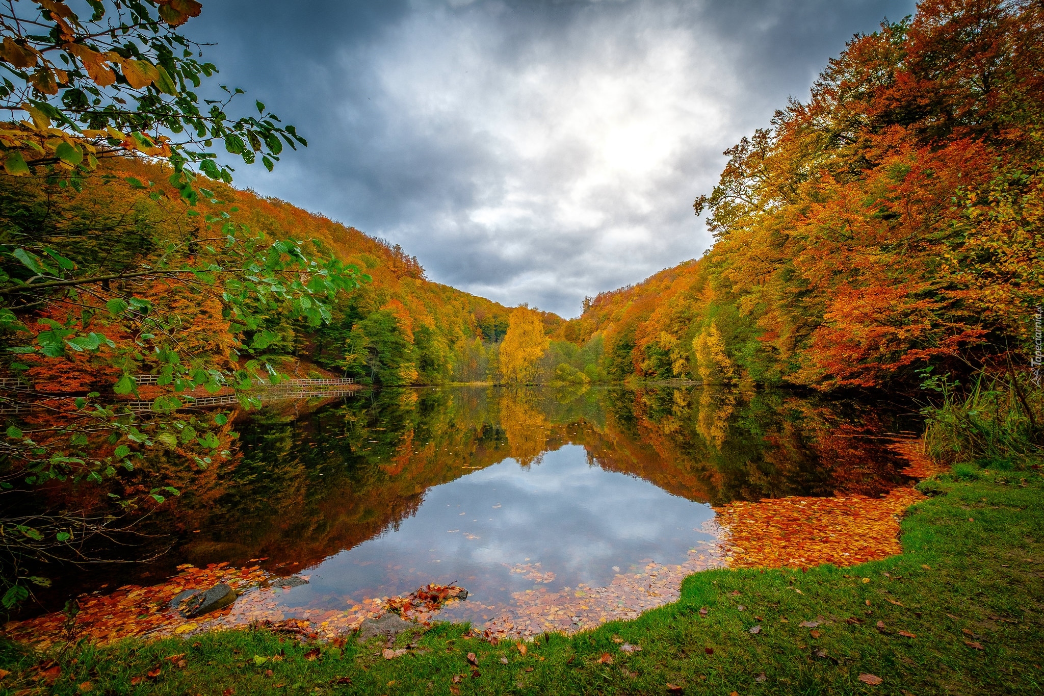 Jezioro, Jesień, Drzewa, Liście, Chmury
