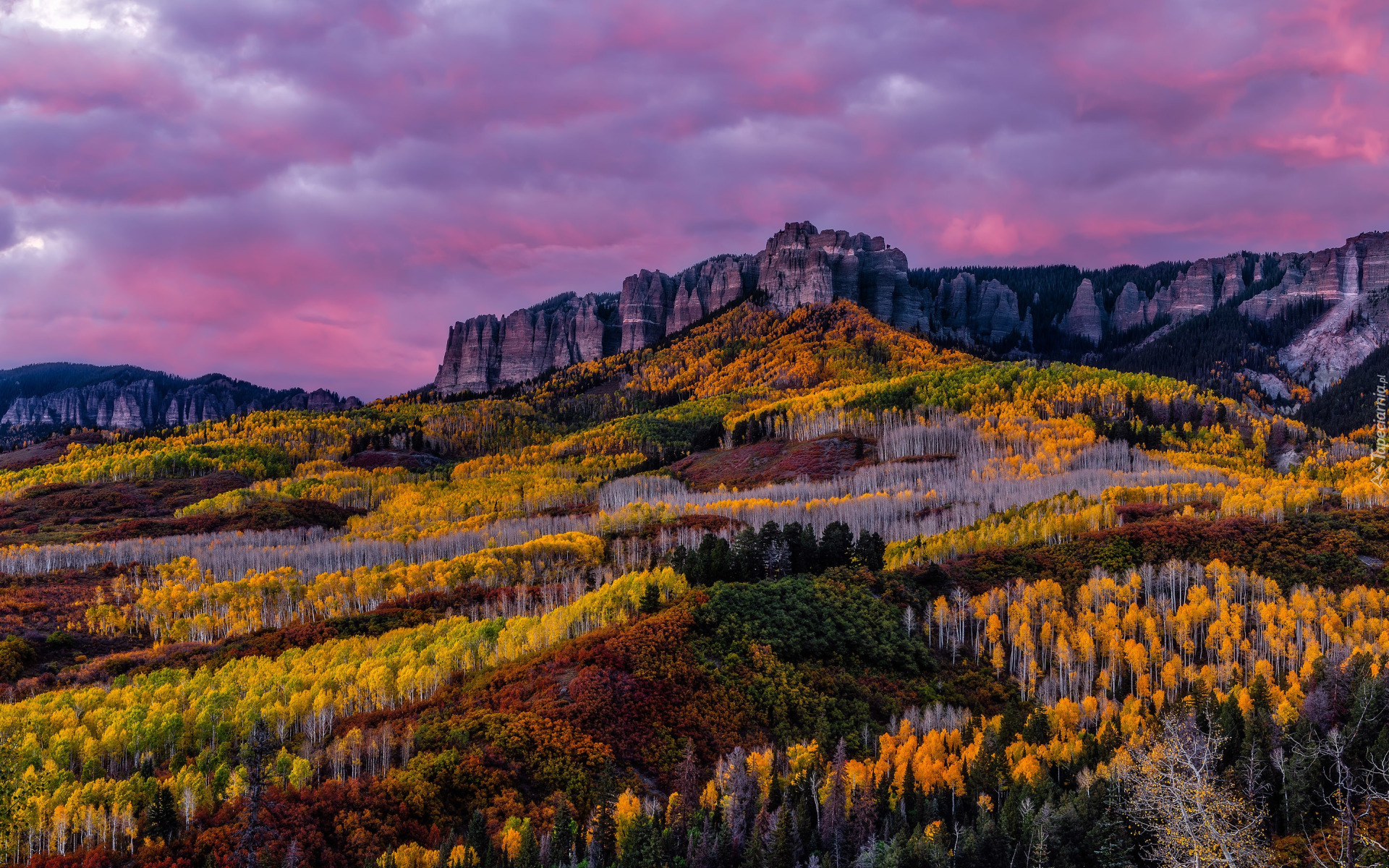 Stany Zjednoczone, Kolorado, San Juan Mountains, Jesień, Góry, Skały, Drzewa, Las, Niebo