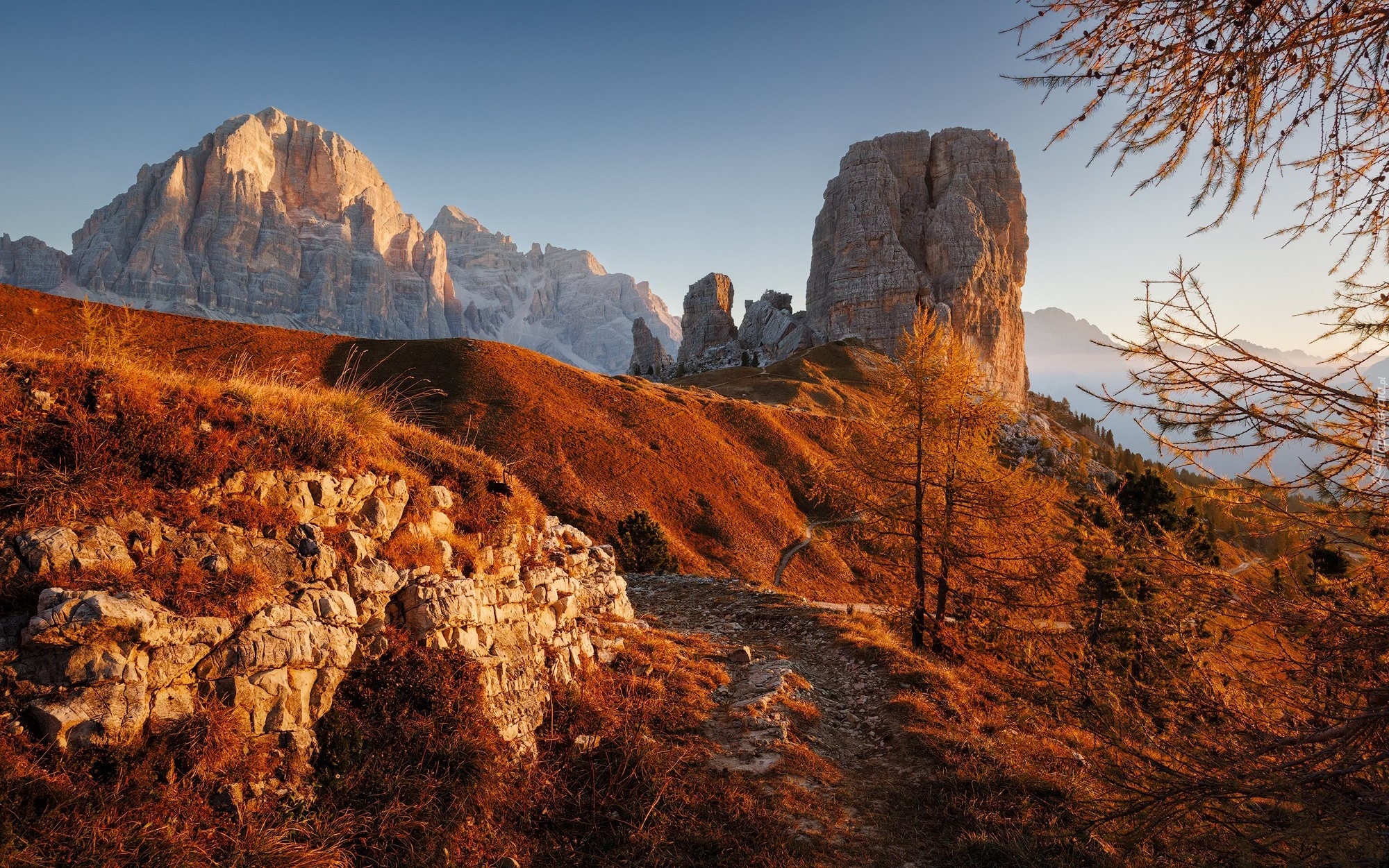 Włochy, Góry, Dolomity, Skały, Cinque Torri, Jesień, Drzewa