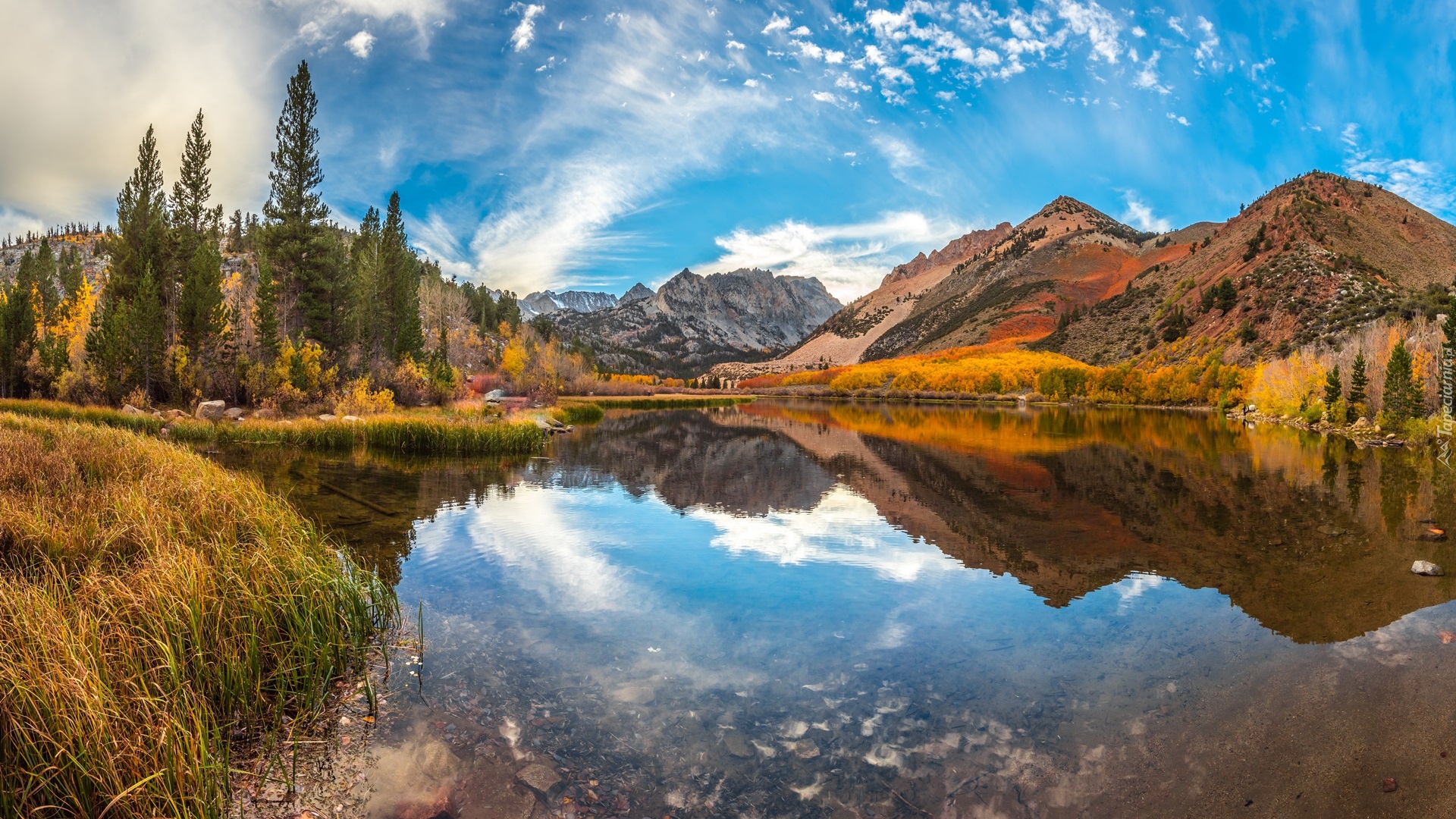 Stany Zjednoczone, Kalifornia, Eastern Sierra, Góry, Drzewa, Chmury, Jezioro, North Lake