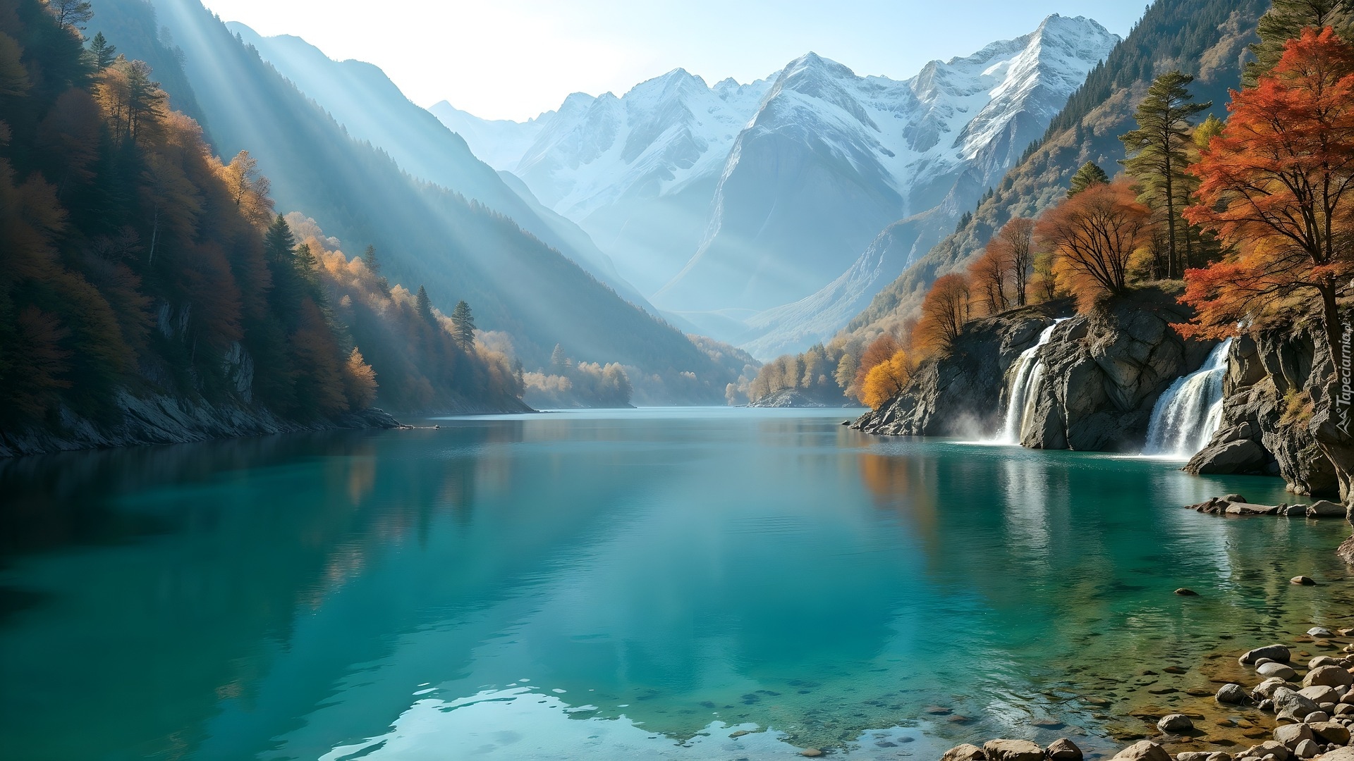 Góry, Jezioro, Kamienie, Wodospady, Las, Drzewa, Jesień, Mgła