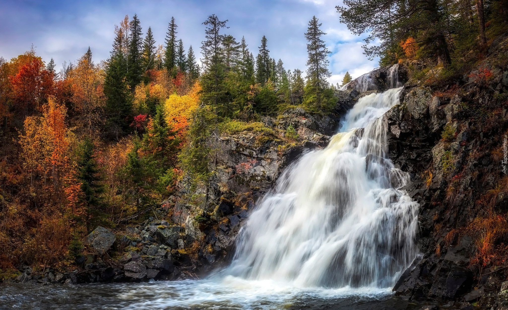 Jesień, Wodospad, Drzewa, Skała, Kamienie