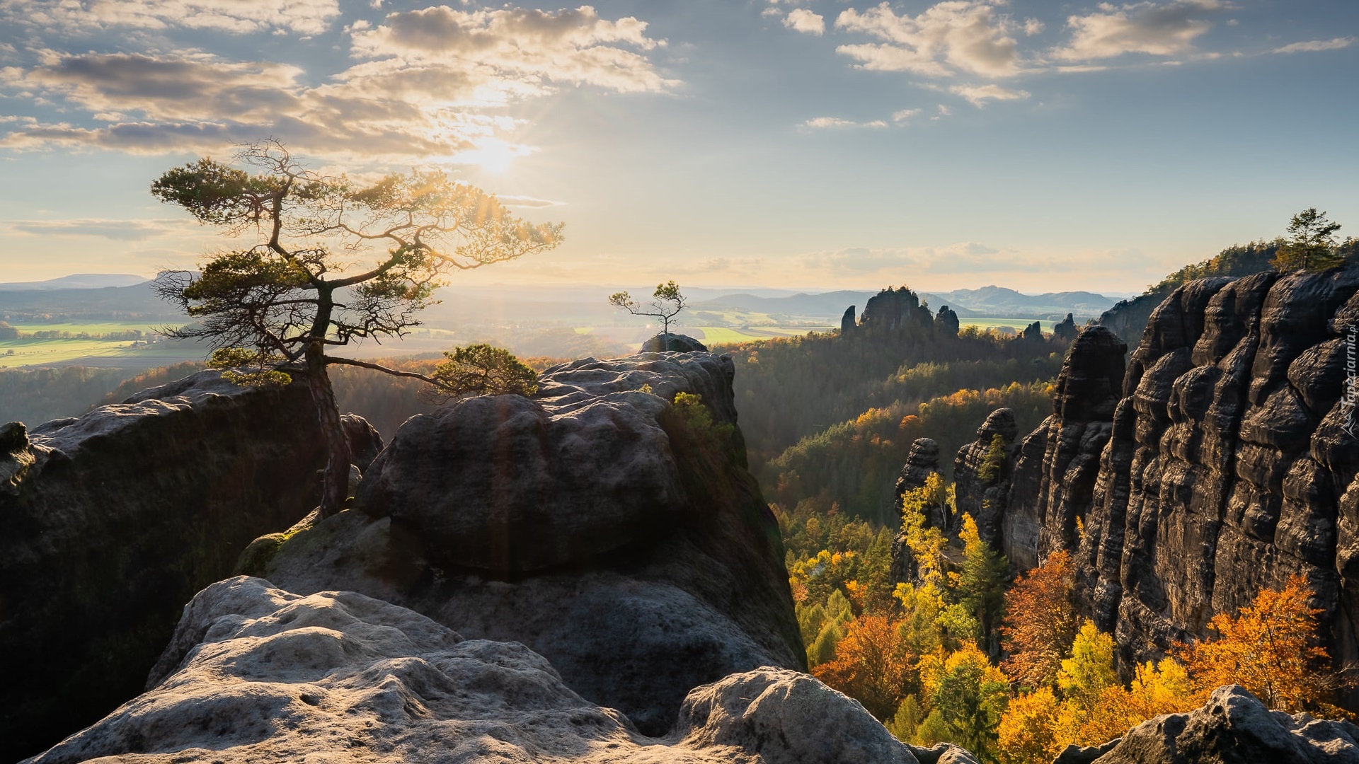 Niemcy, Park Narodowy Saskiej Szwajcarii, Góry Połabskie, Skały, Drzewa, Jesień, Chmury, Wschód słońca