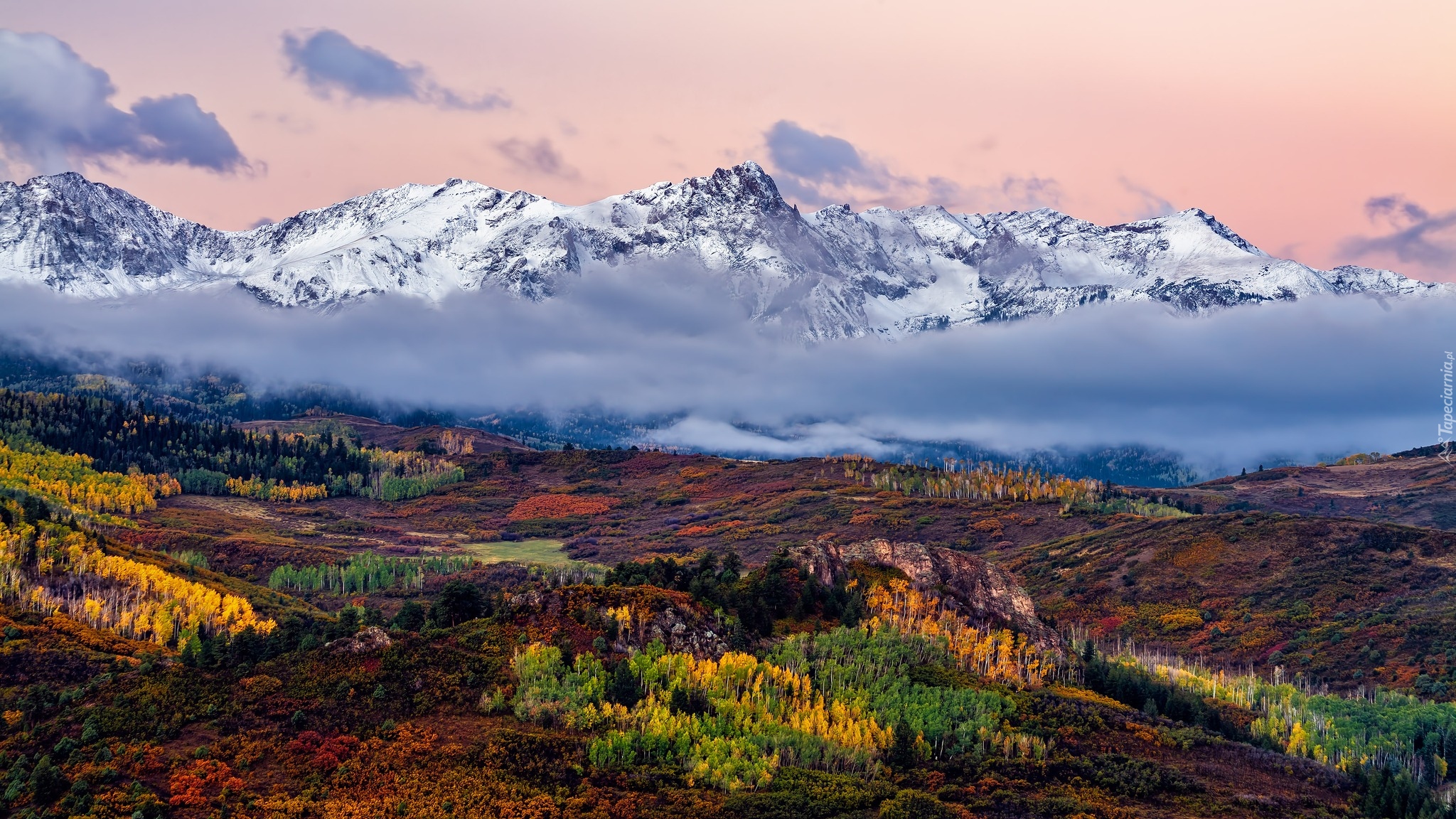 Jesień, Stany Zjednoczone, Kolorado, Szczyt, Mount Sneffels, Góry Skaliste, Lasy, Pożółkłe, Drzewa, Mgła, Chmury