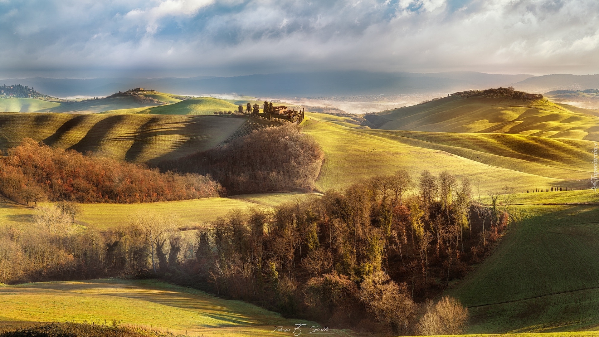 Włochy, Toskania, Asciano, Crete Senesi, Wzgórza, Drzewa, Jesień