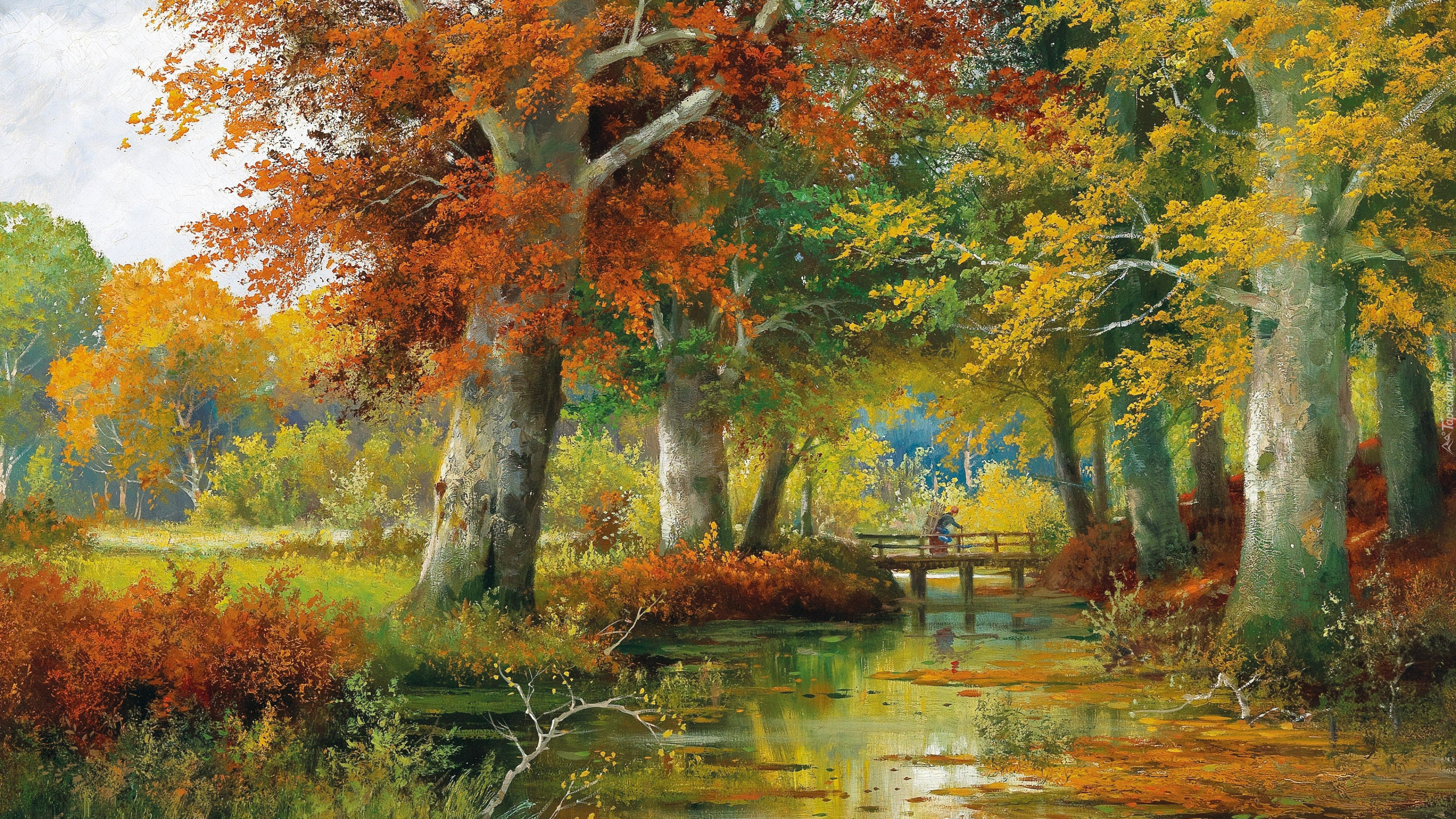 Malarstwo, Obraz, Alois Arnegger, Jesień, Rzeka, Most, Drzewa