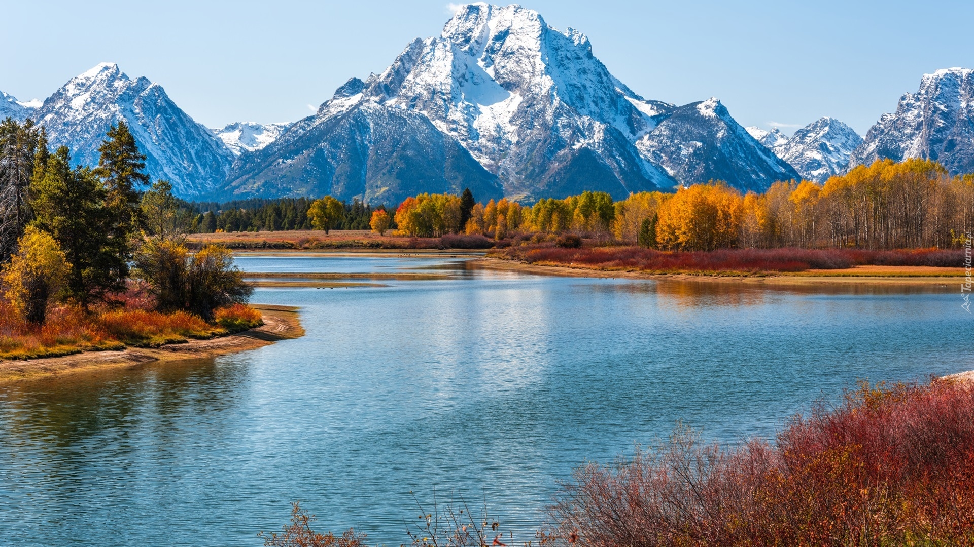 Park Narodowy Grand Teton, Rzeka Snake River, Góry Teton Range, Drzewa, Jesień, Stan Wyoming, Stany Zjednoczone