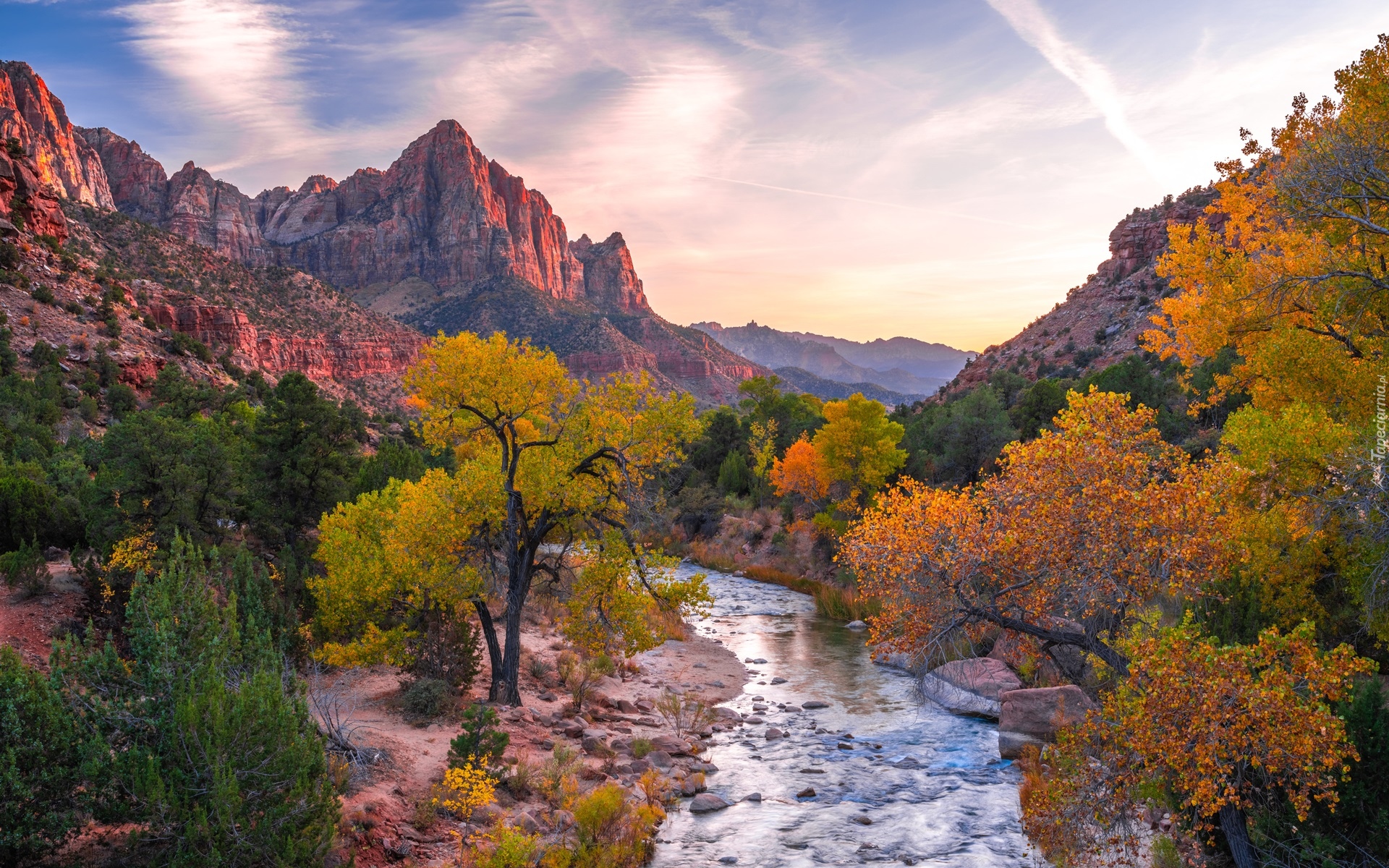 Stany Zjednoczone, Stan Utah, Park Narodowy Zion, Góry Watchman, Rzeka, Virgin River, Kamienie, Drzewa, Wschód słońca